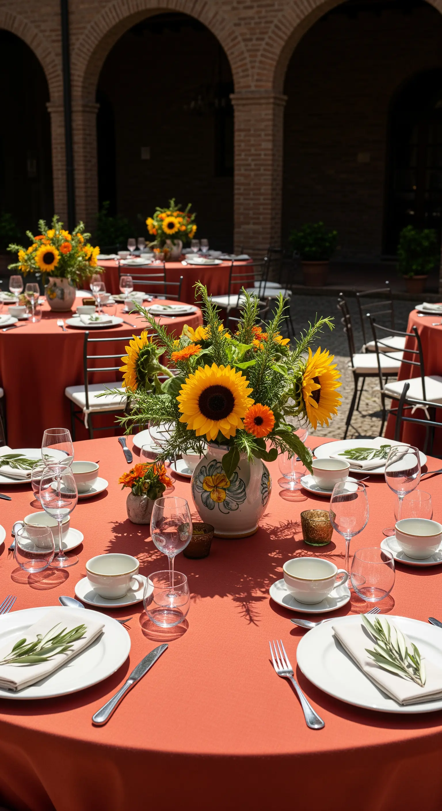 Tavola rotonda con tovaglia color terracotta e centrotavola di girasoli in un cortile.