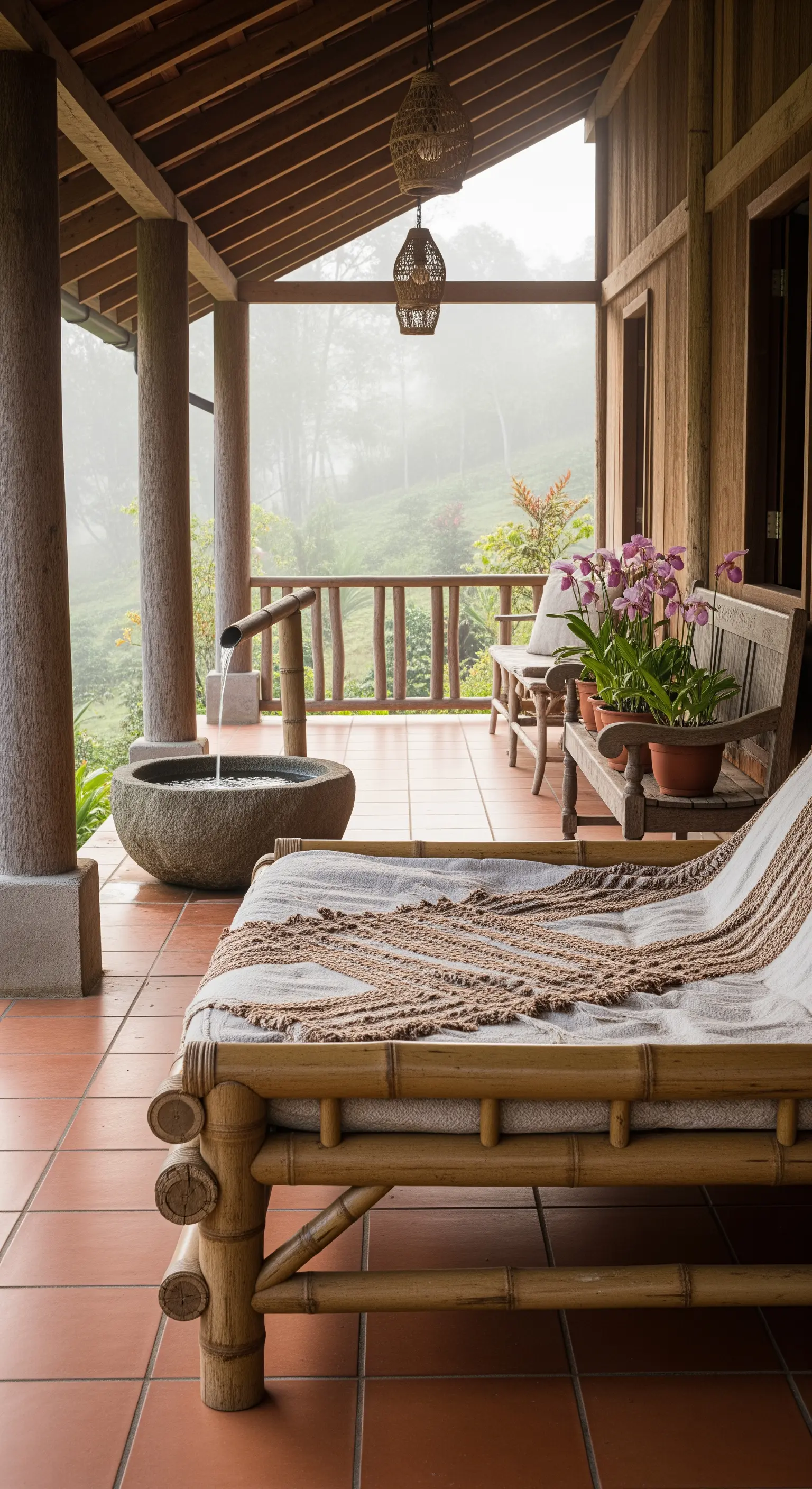 Portico rustico con pavimento in cotto, lettino in bambù e fontana in pietra.