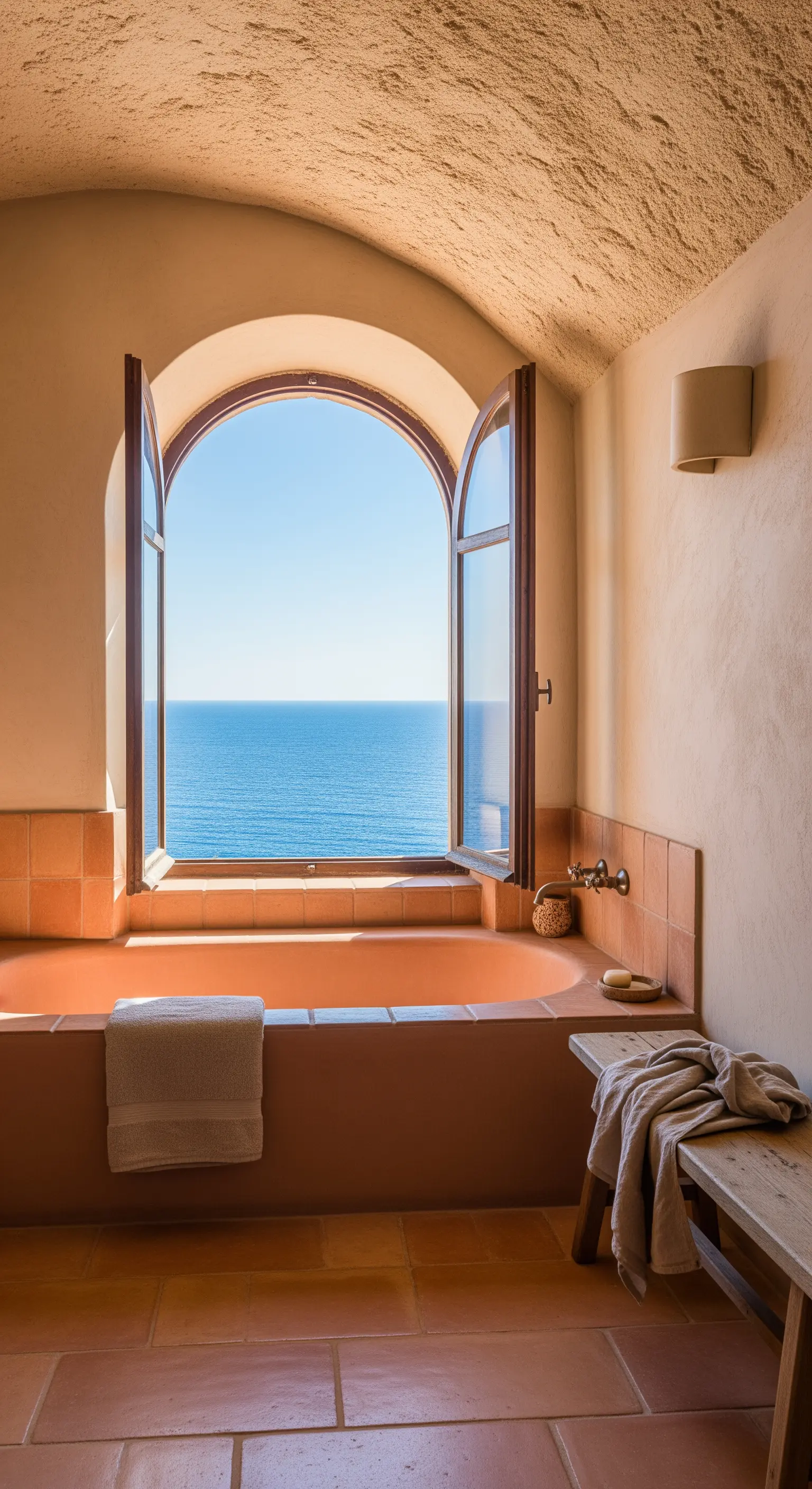 Bagno in stile mediterraneo con vasca in muratura color terracotta e finestra ad arco vista mare.