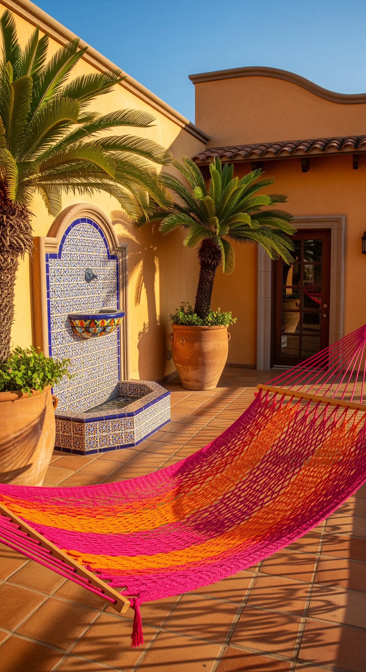 Patio in stile hacienda con fontana in maiolica, palme in vaso e un'amaca arancione e rosa