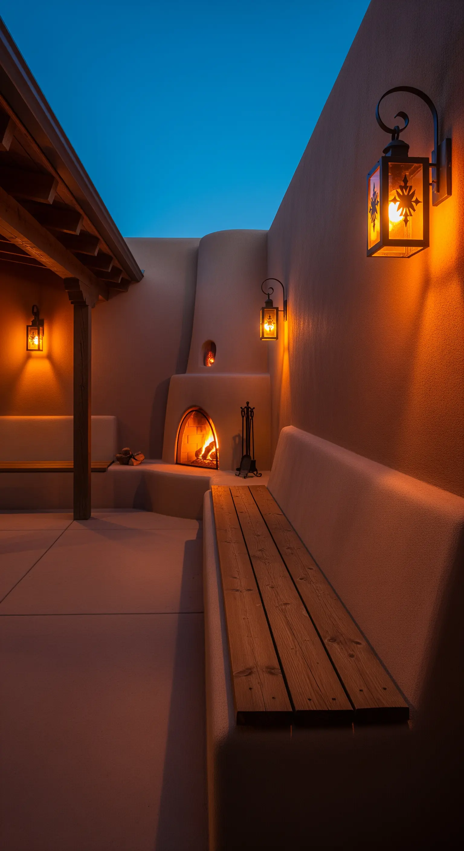 Patio in stile adobe con camino kiva, panche in muratura e lanterne in ferro battuto.