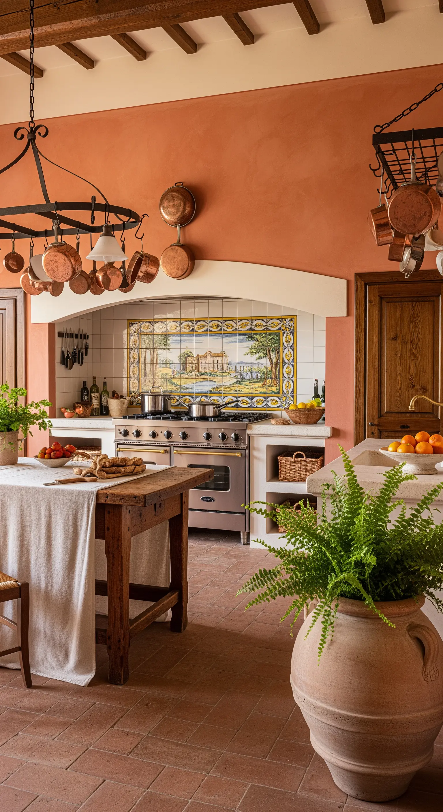 Cucina rustica con pareti terracotta, pentole in rame appese e maioliche decorative.