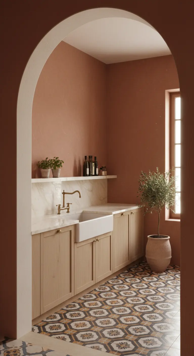 Cucina mediterranea con pareti color terracotta, mobili in legno chiaro e pavimento con piastrelle decorate.