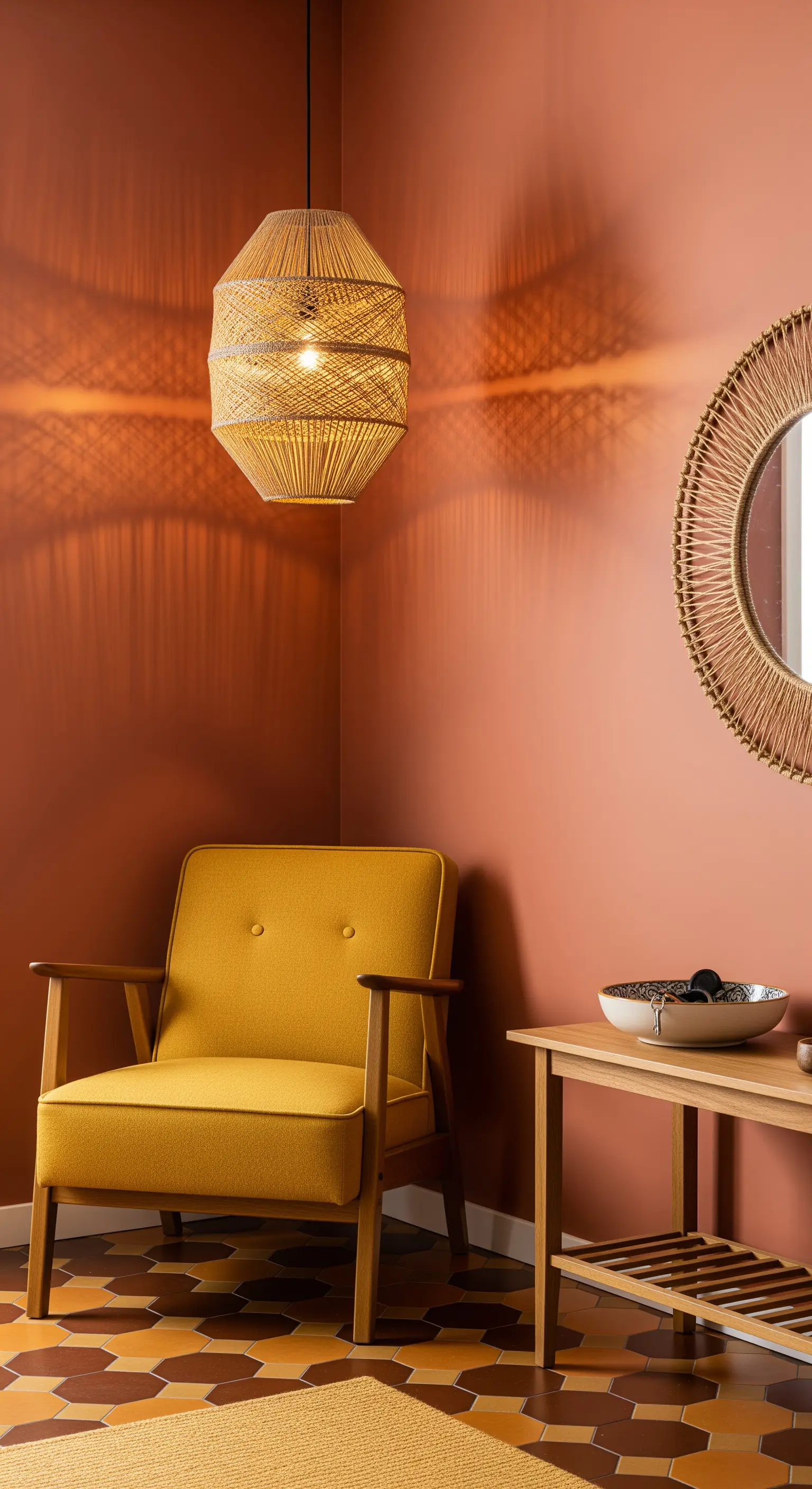 Angolo con parete color terracotta, poltrona senape e lampada a sospensione in rattan.