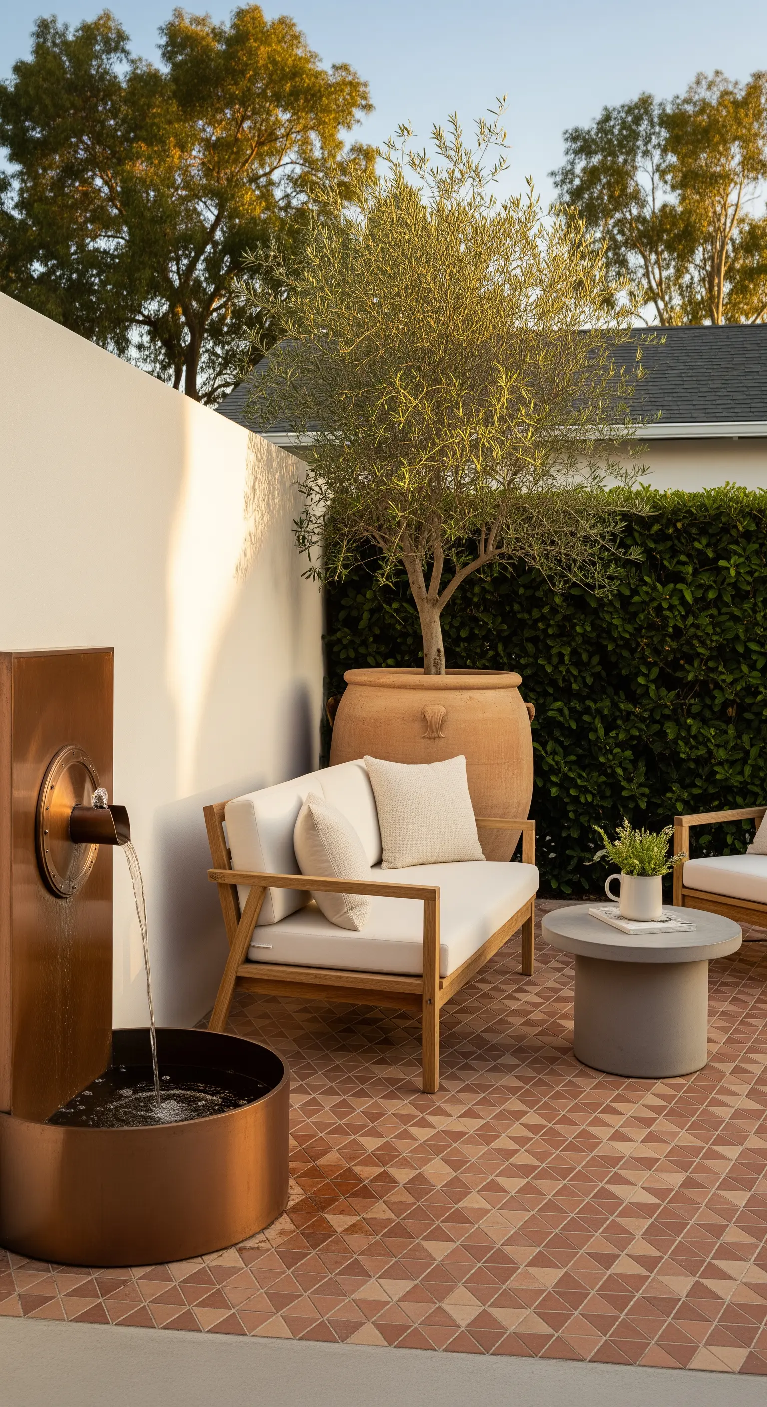 Patio in stile mediterraneo con pavimento in cotto, divanetto in legno e fontana in rame