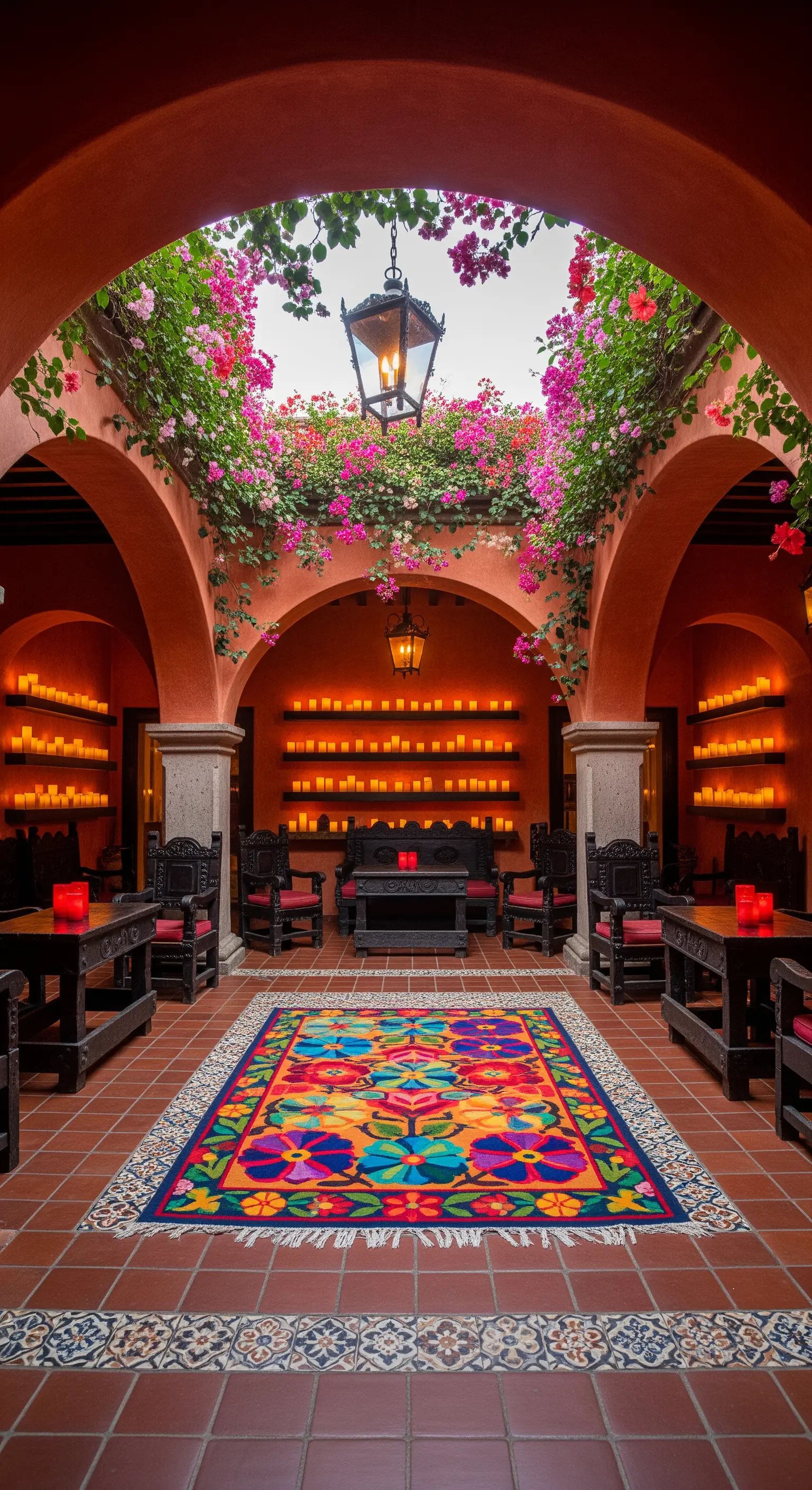 Patio in stile messicano con pareti terracotta, un muro di candele e un grande tappeto colorato
