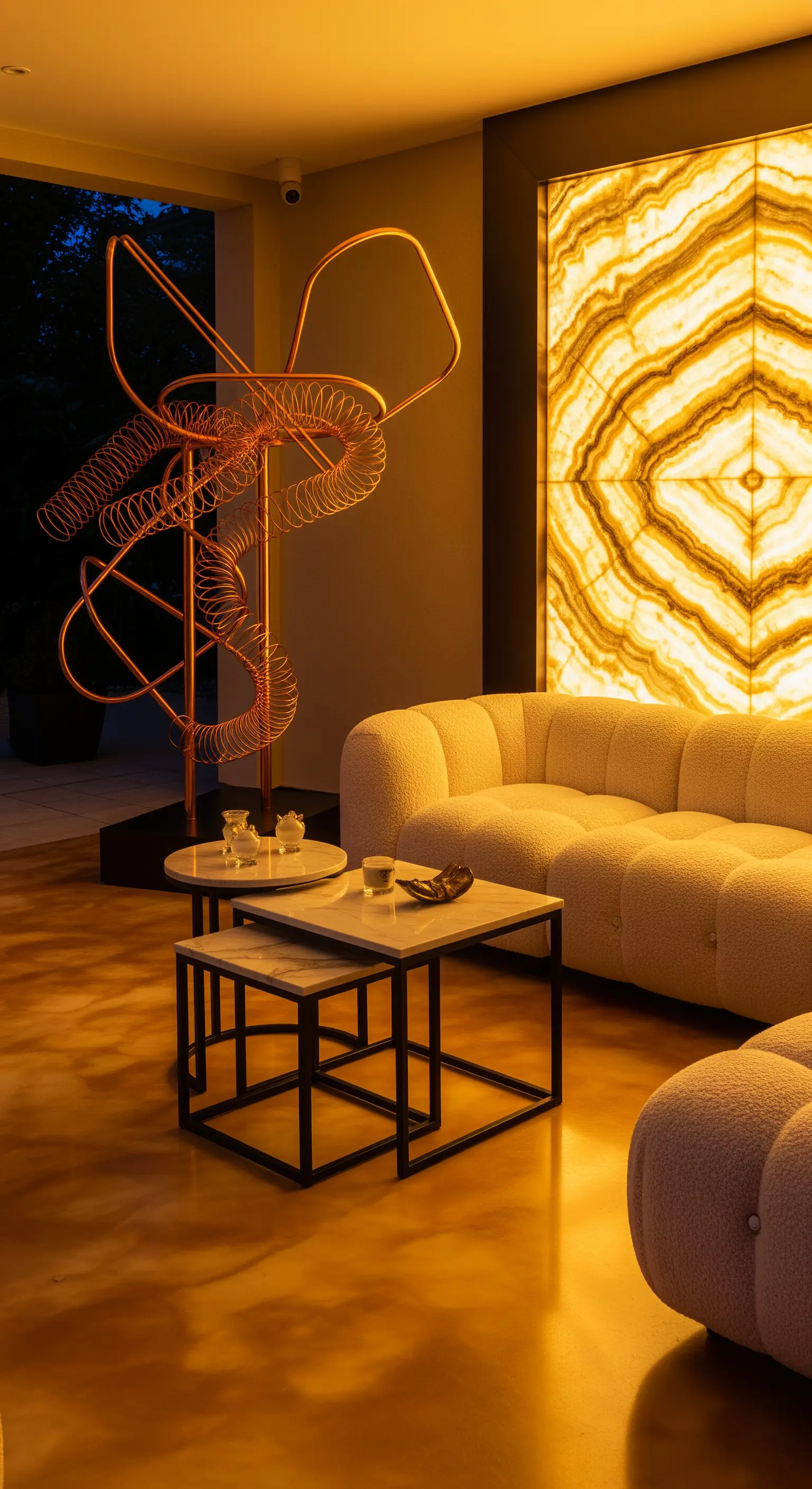 Salotto con parete in onice retroilluminata, scultura in rame e pavimento ambrato.