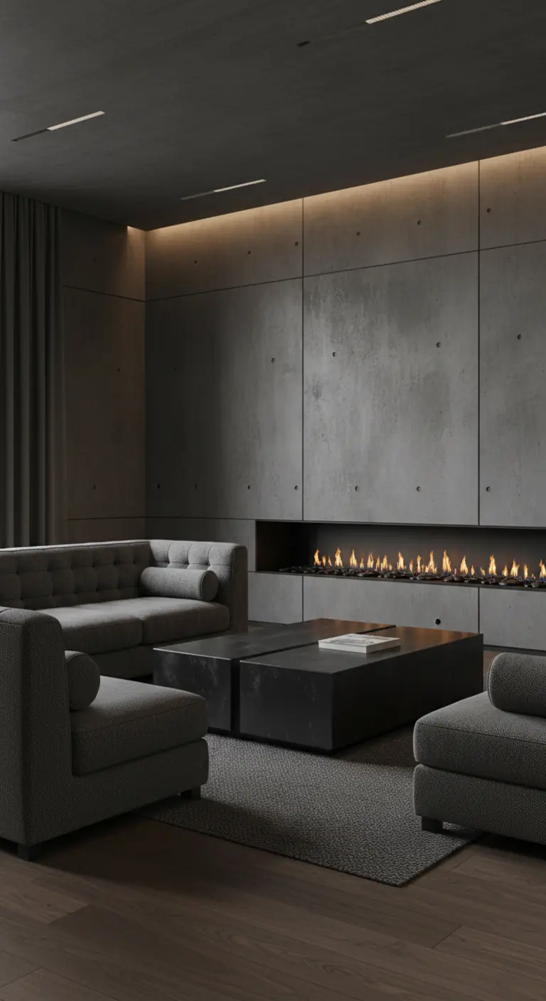 Camino lineare moderno incassato in una parete di cemento scuro, con divani grigi.
