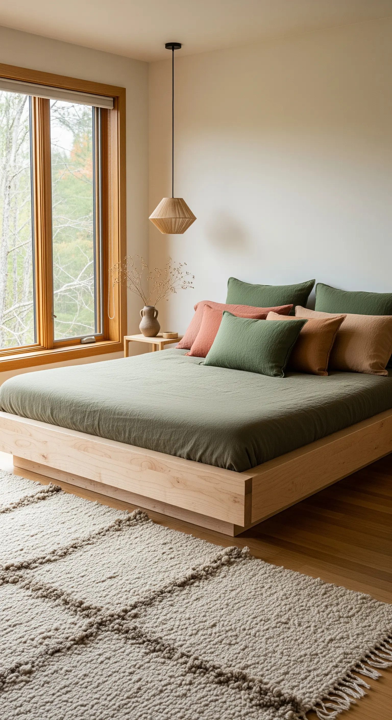 Camera minimalista con letto a piattaforma in legno e tappeto berbero a pelo lungo.