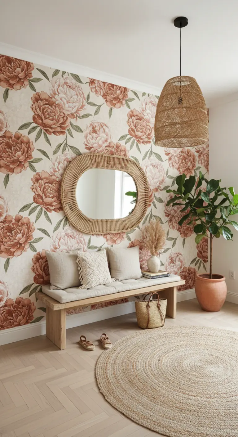 Ingresso in stile boho con carta da parati a peonie rosa antico, panca in legno e specchio ovale.