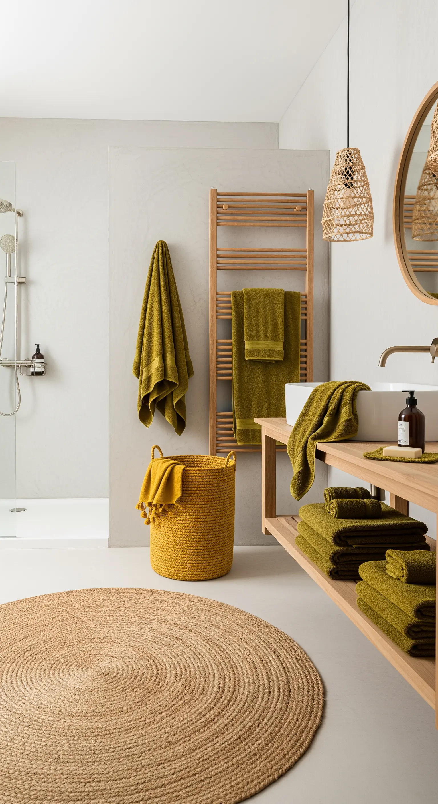 Bagno in stile scandinavo con mobili in legno chiaro, tappeto di juta e asciugamani verdi e gialli.