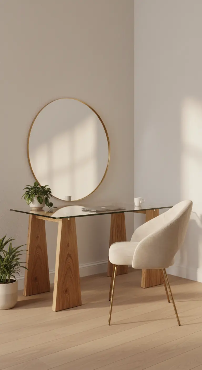 Scrivania con cavalletti in legno, piano in vetro e specchio rotondo dorato.