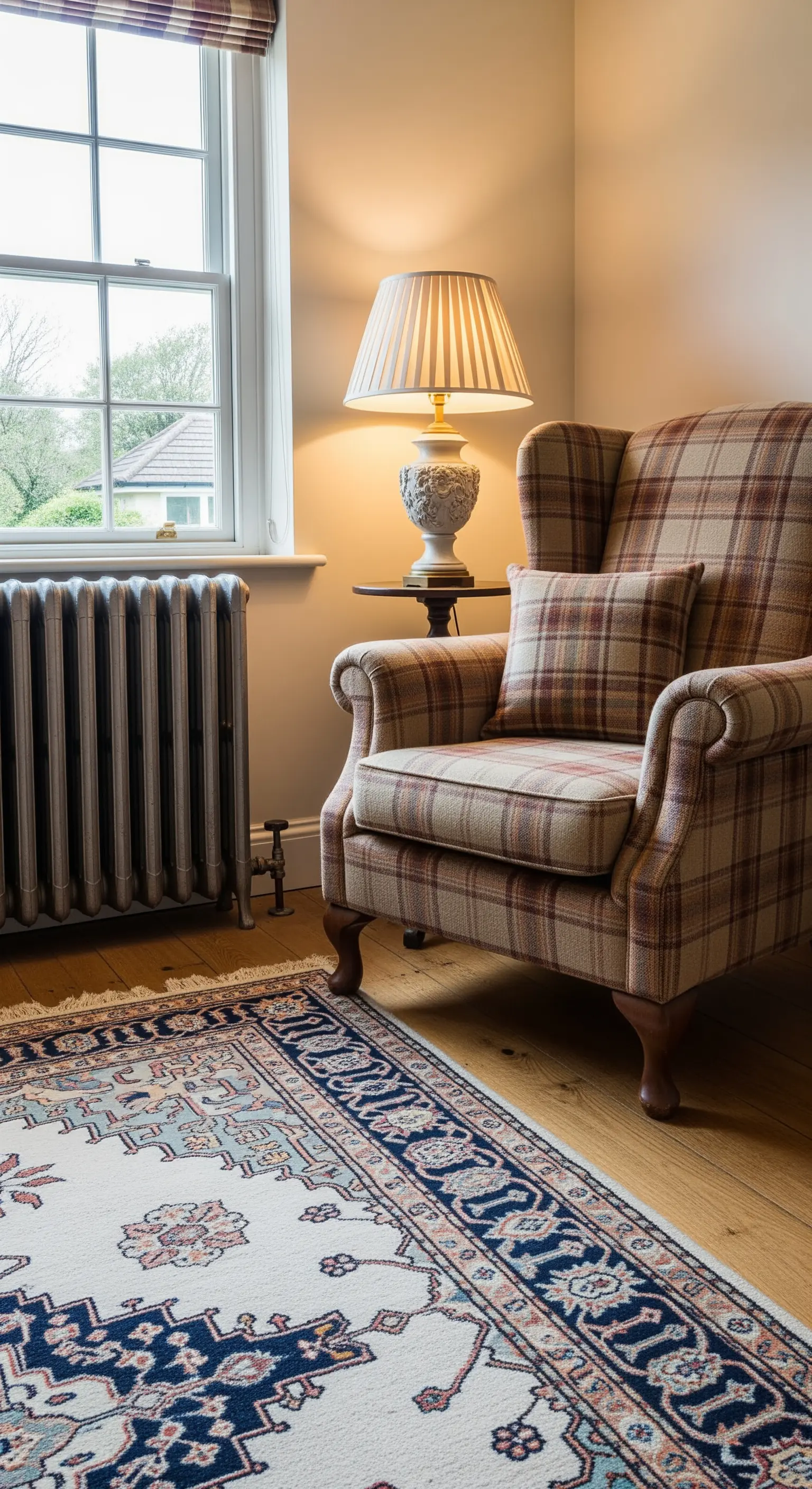 Poltrona a orecchioni rivestita in tessuto tartan, accanto a un calorifero e una lampada in ceramica.