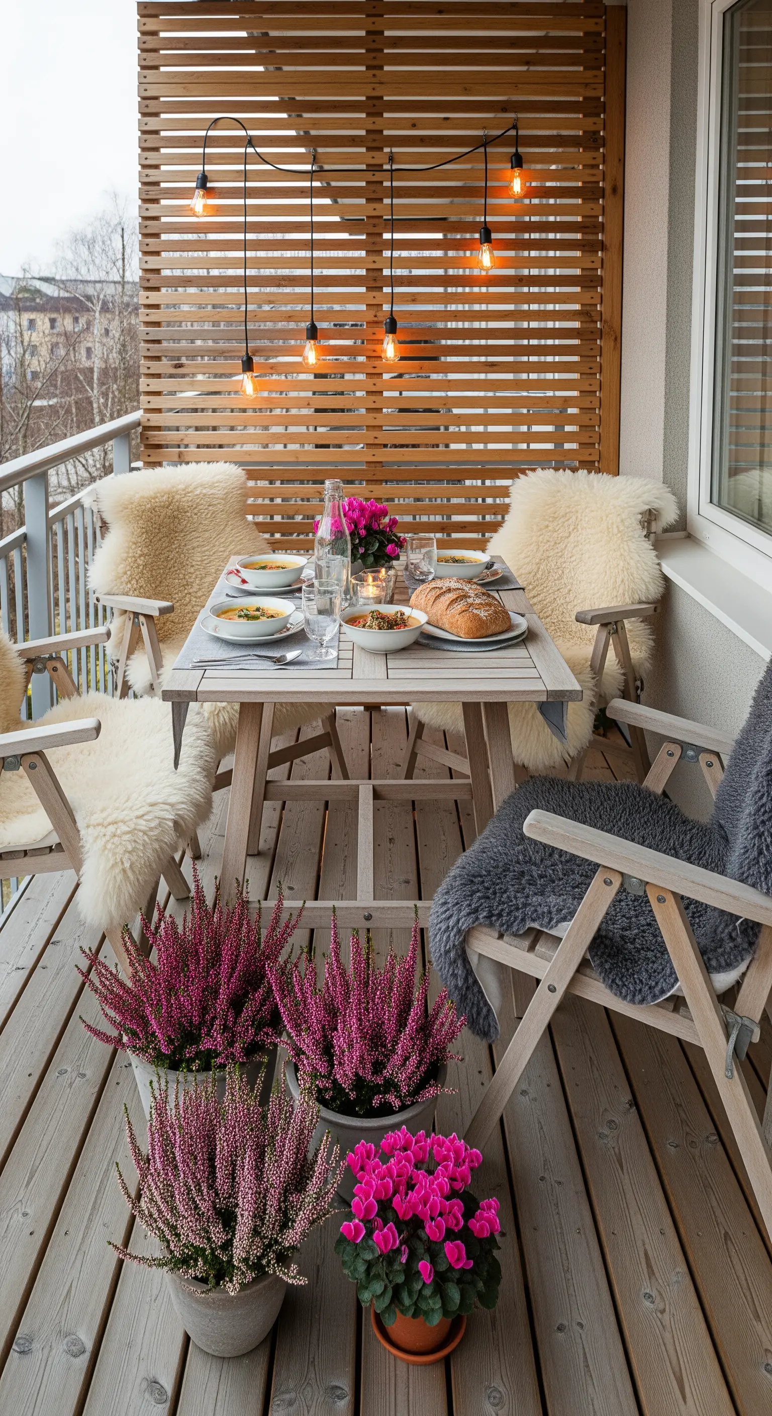 Balcone in stile scandinavo con arredi in legno, pelli di pecora sulle sedie e lampadine a vista