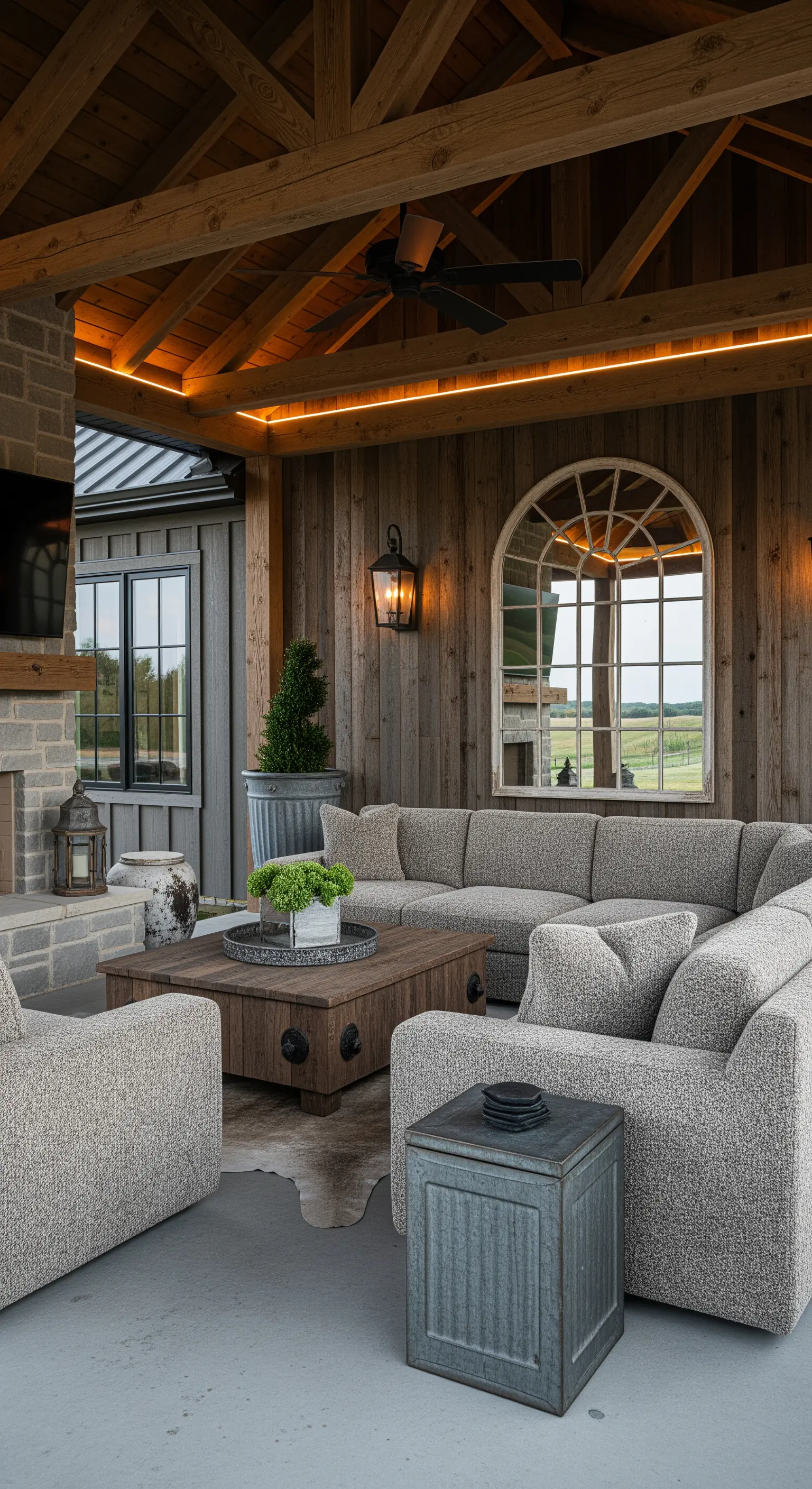 Portico rustico in legno con grande divano modulare grigio e uno specchio a forma di finestra