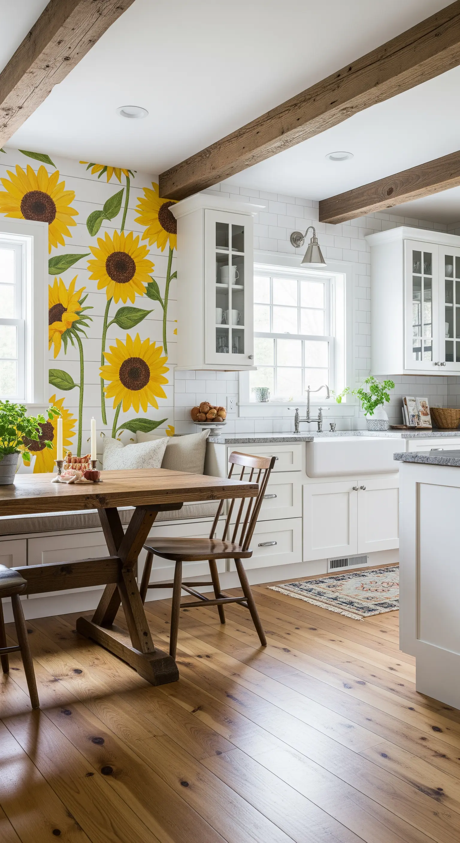 Cucina rustica con carta da parati a girasoli, travi a vista e tavolo in legno grezzo.