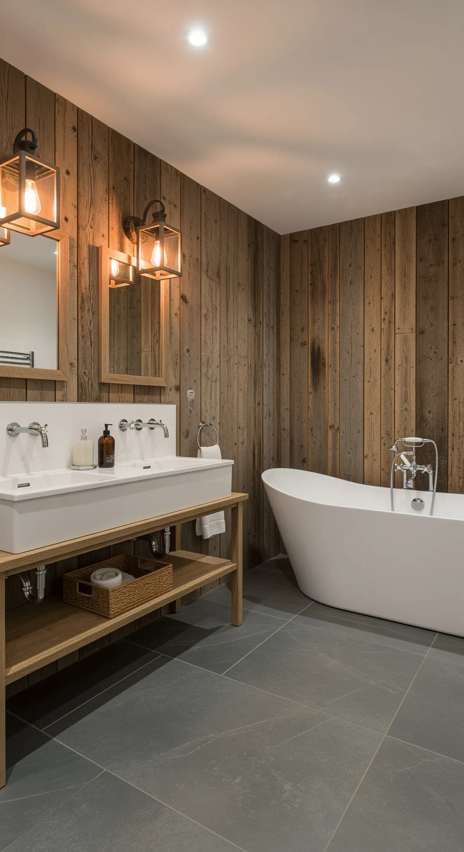 Bagno rustico con pareti in legno, vasca bianca moderna e lavabo doppio.