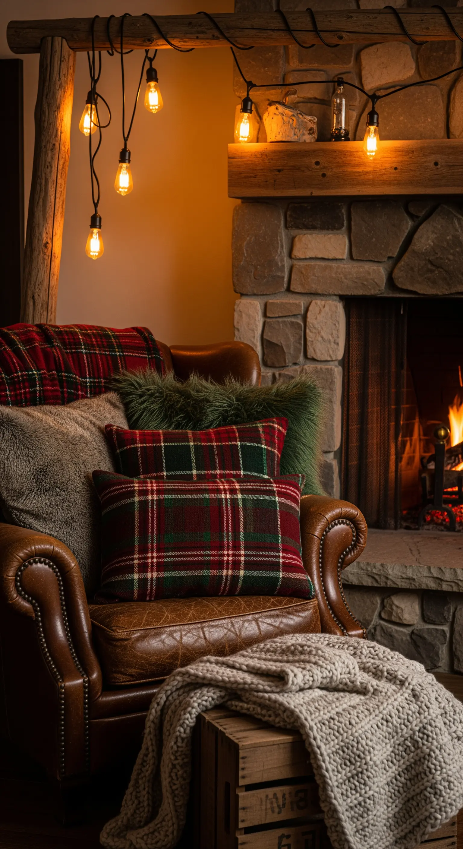 Poltrona in pelle accanto a un camino acceso, con cuscini tartan e luci Edison appese.