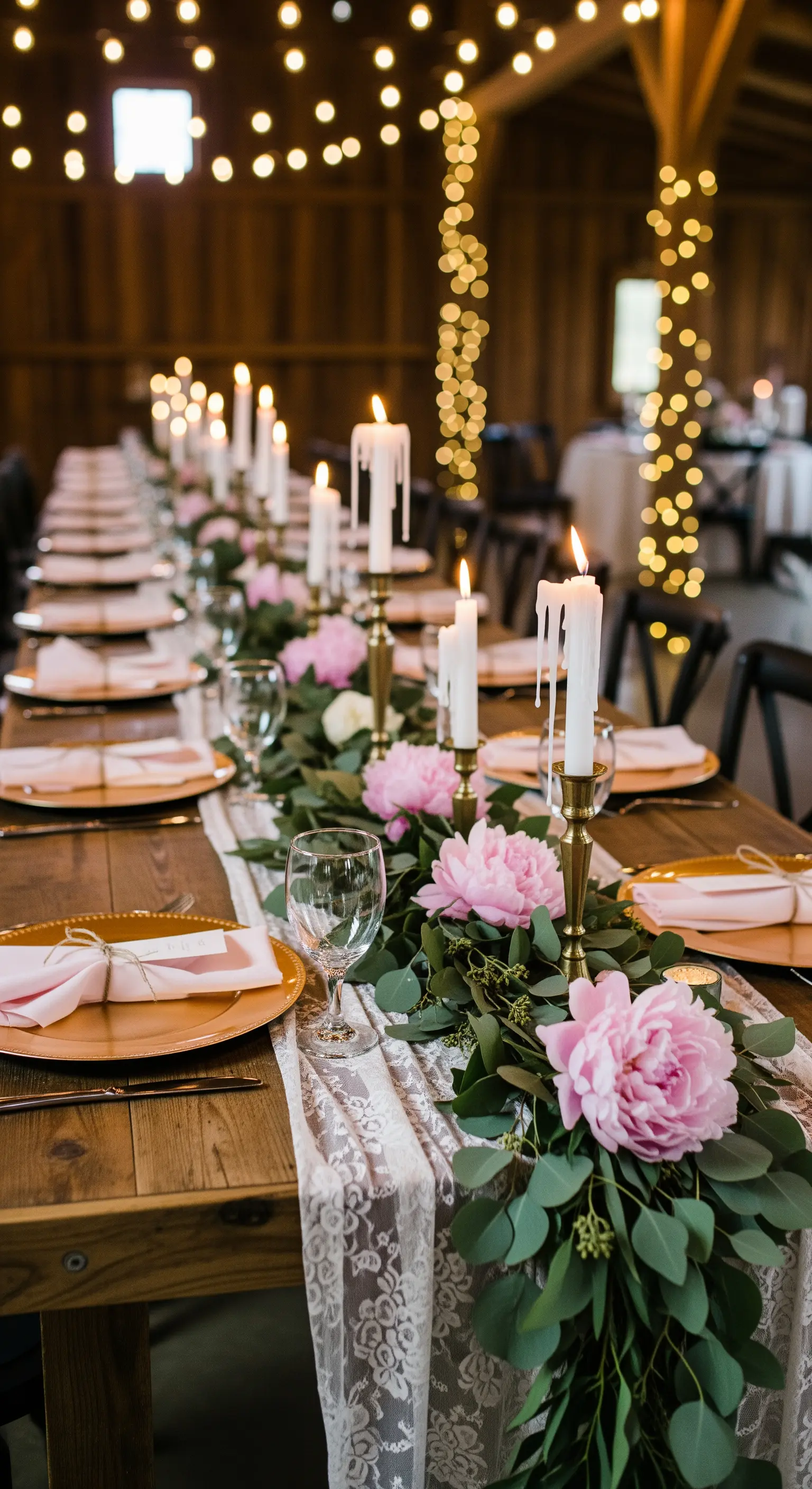 Tavola nuziale rustica con runner in pizzo, peonie rosa e candele su tavolo in legno.