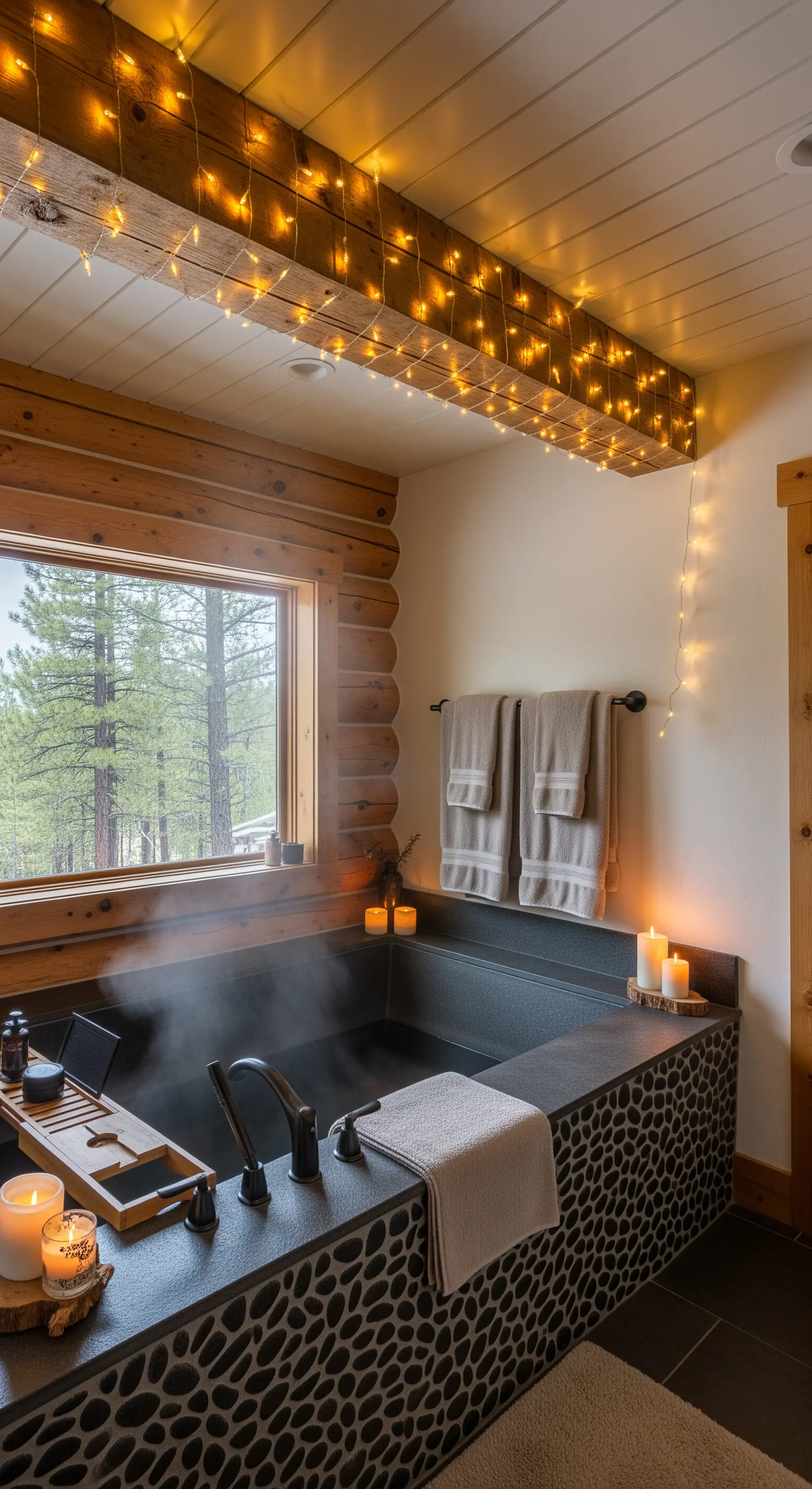 Bagno rustico con trave in legno e vasca in pietra illuminate da lucine calde.