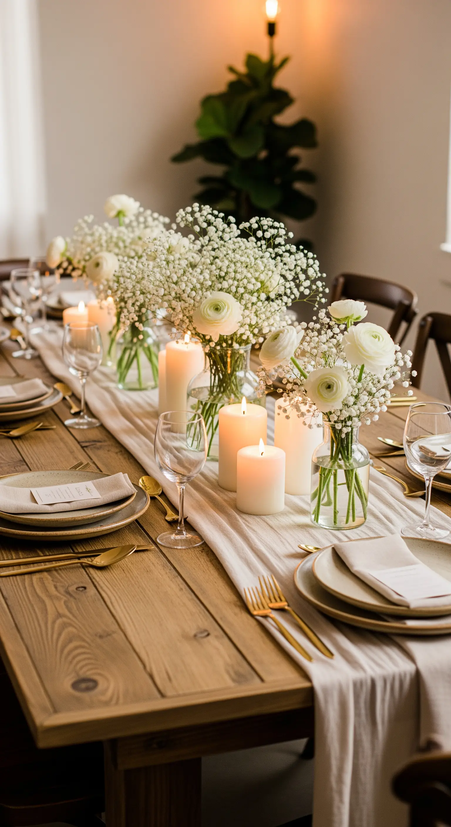 Tavola in legno con runner in lino, gypsophila in vasetti e candele a colonna.