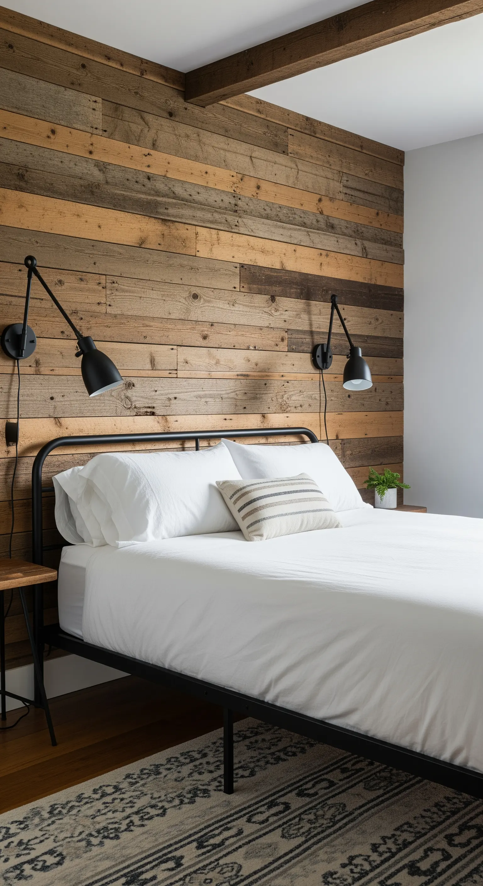 Parete di legno di recupero dietro un letto con struttura in metallo e applique nere orientabili.