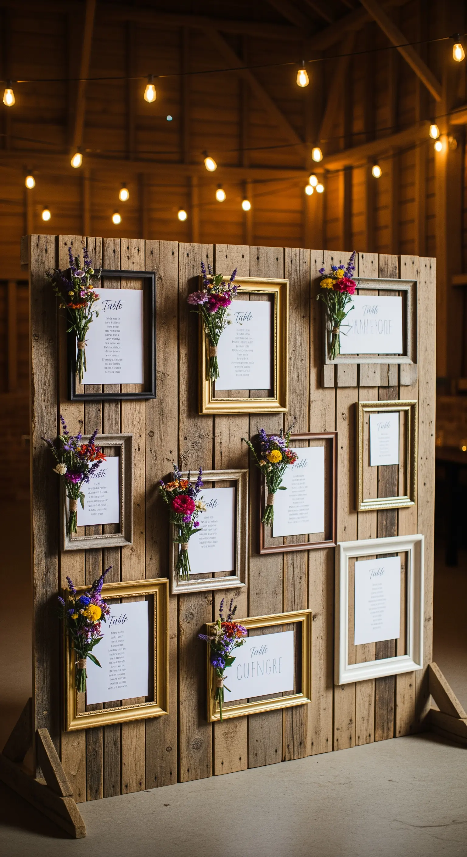 Tableau mariage rustico su pannello di legno con cornici dorate e mazzolini di fiori di campo.