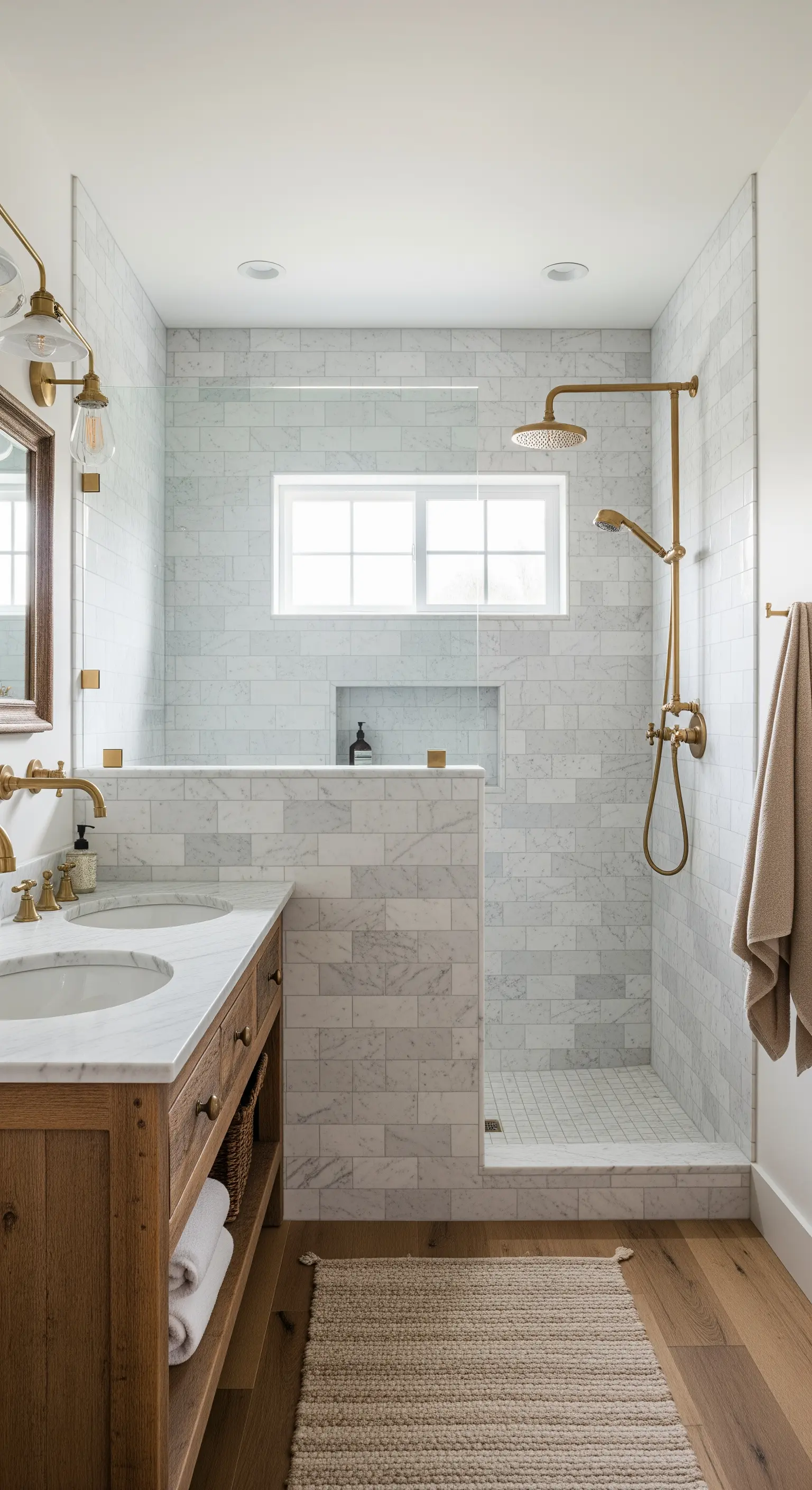 Bagno con piastrelle di marmo, mobile in legno rustico e tappeto in juta.