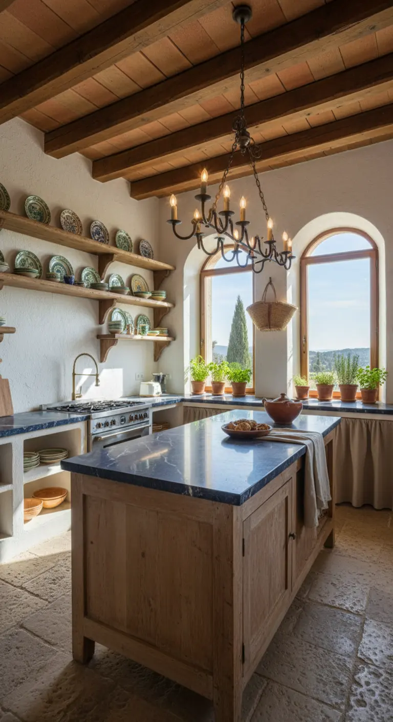 Cucina rustica con travi a vista, isola in legno e piano di lavoro in pietra blu.