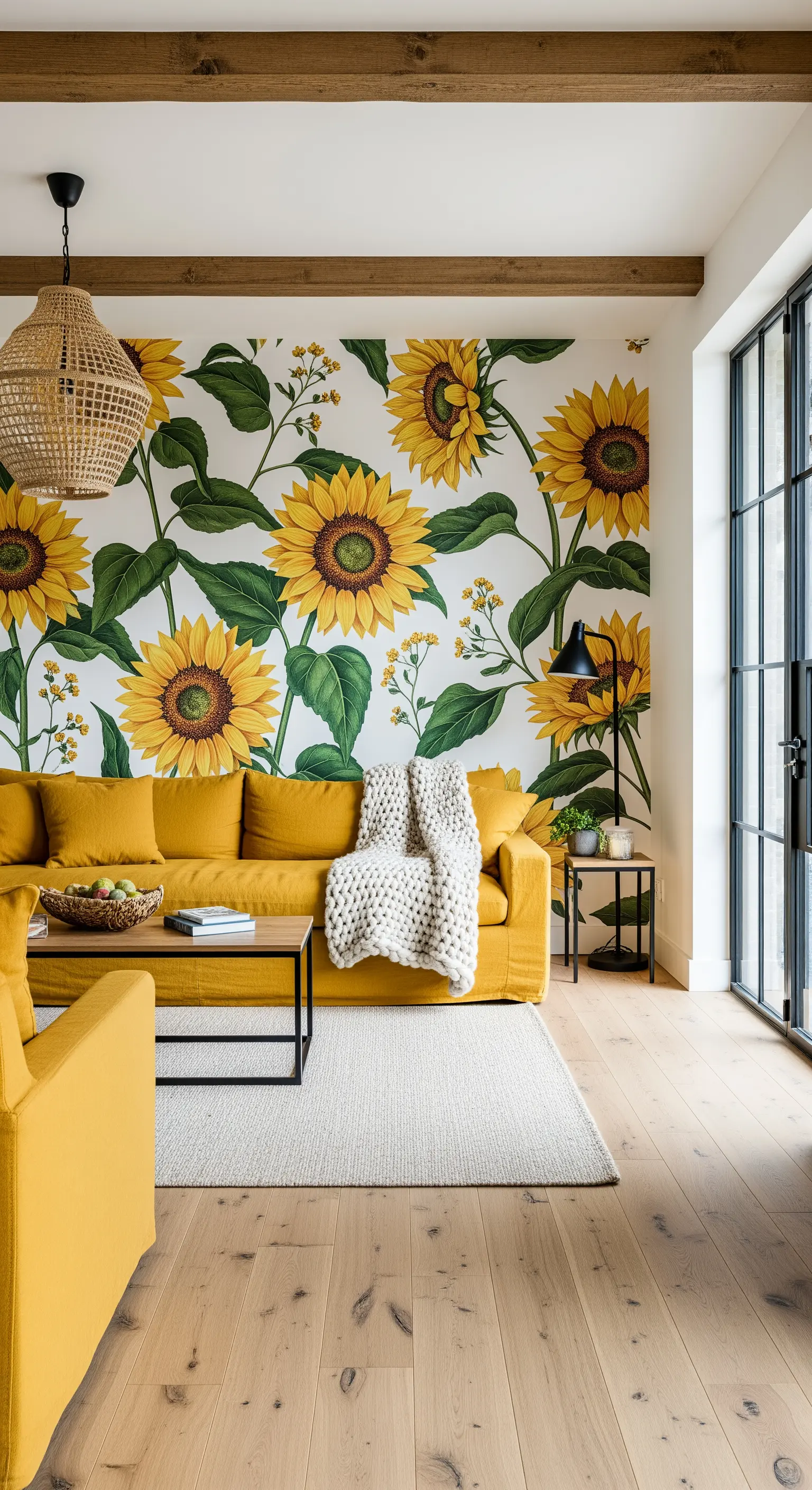 Salotto accogliente con carta da parati a girasoli, divano giallo e travi in legno.