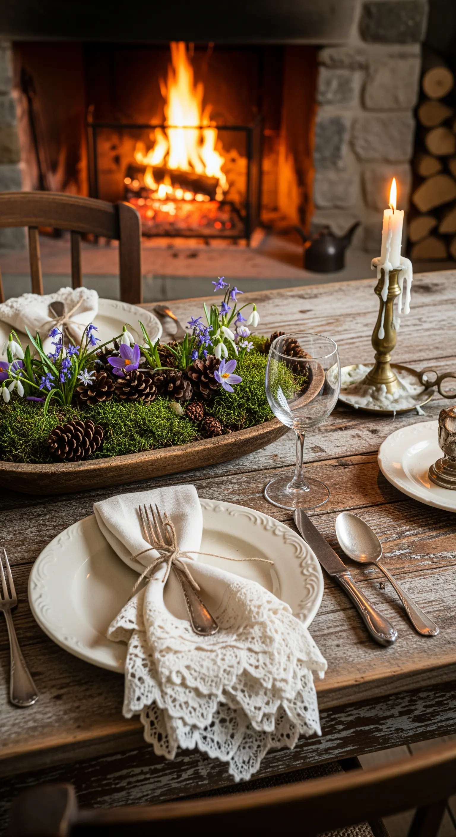 Tavola rustica davanti a un camino acceso, con centrotavola di muschio e pigne