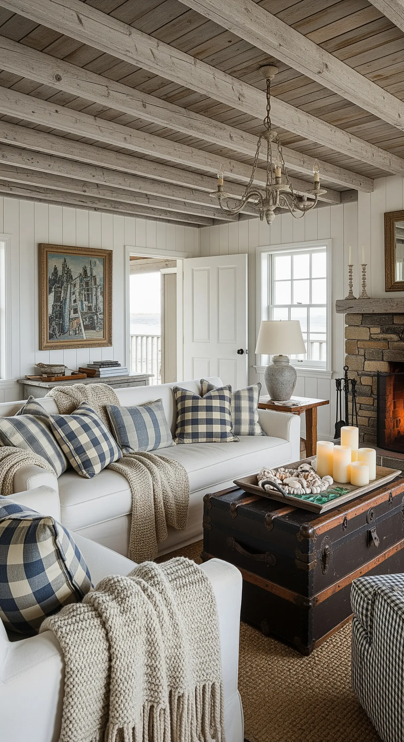 Salotto con travi in legno, camino in pietra e divano con cuscini a quadri blu.
