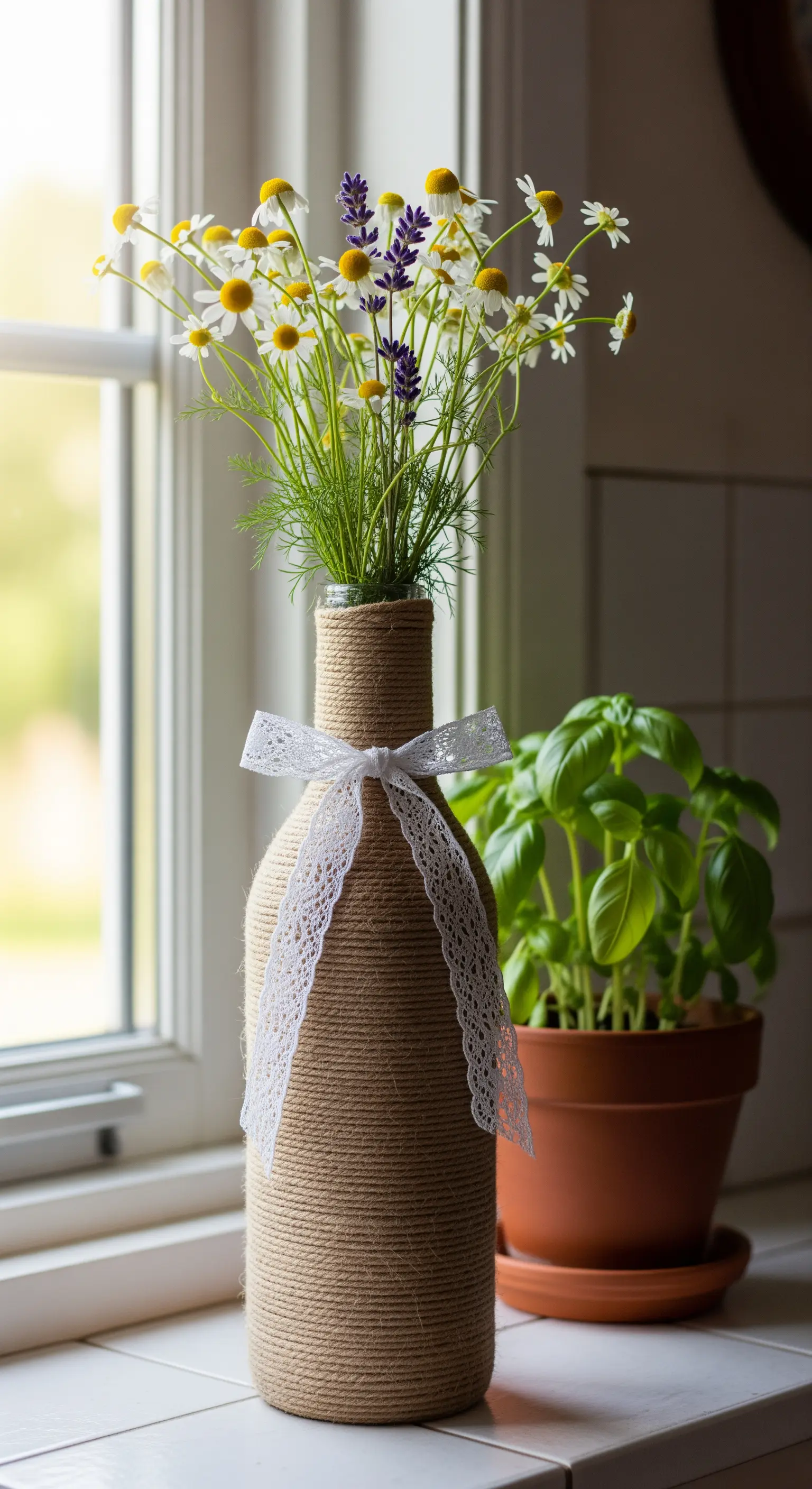 Bottiglia di vino avvolta in spago di iuta e decorata con un fiocco di pizzo bianco.