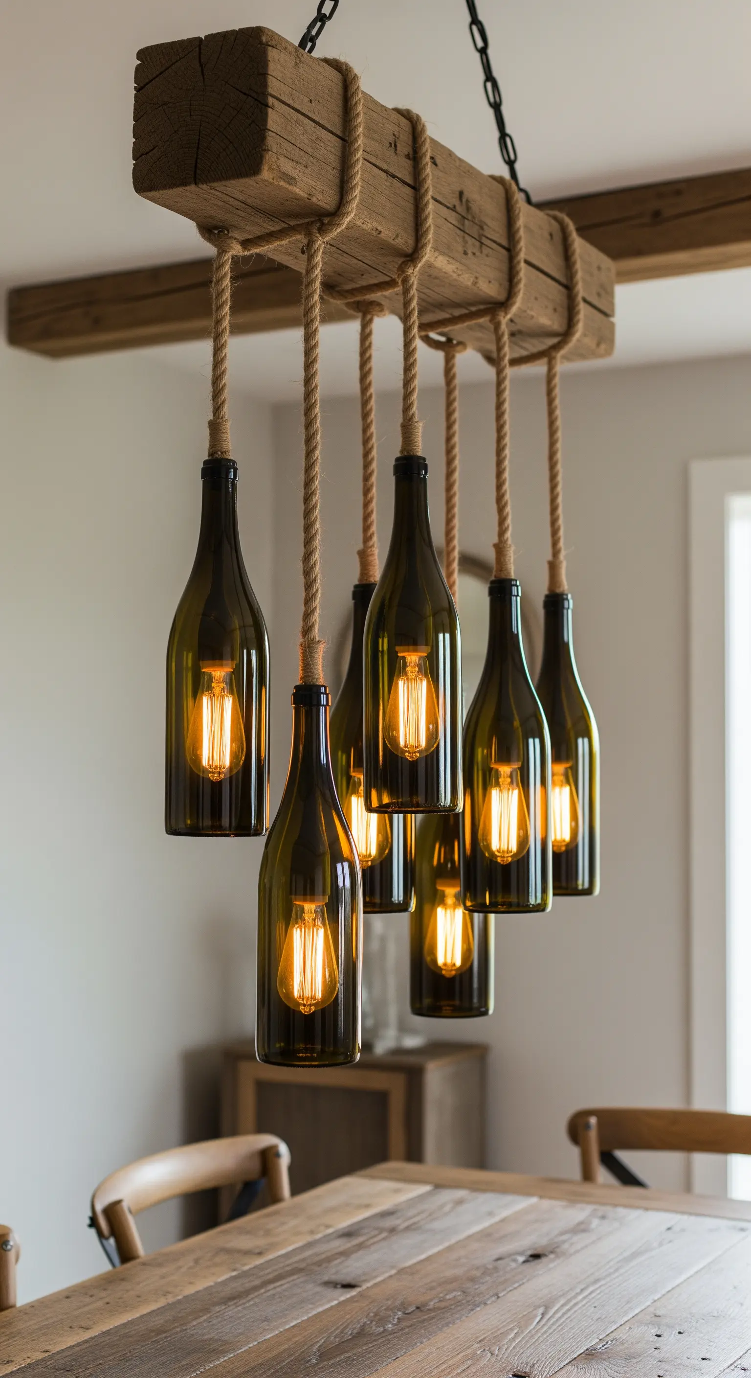 Lampadario rustico fai-da-te con trave in legno, corde e bottiglie di vino riciclate.