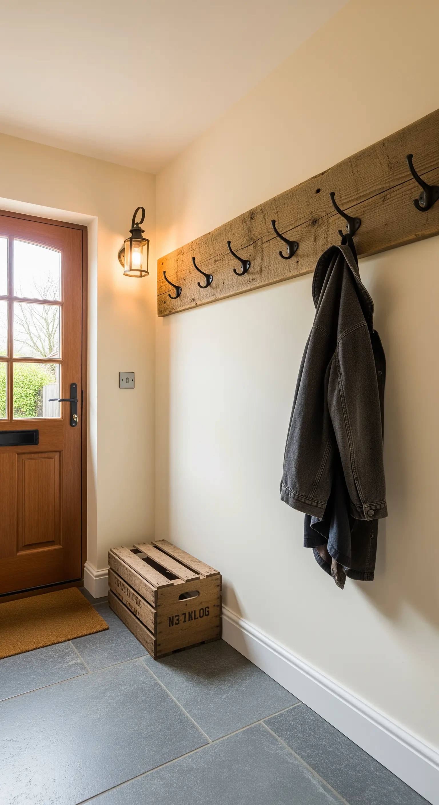 Asse di legno di recupero con ganci neri in ferro battuto.