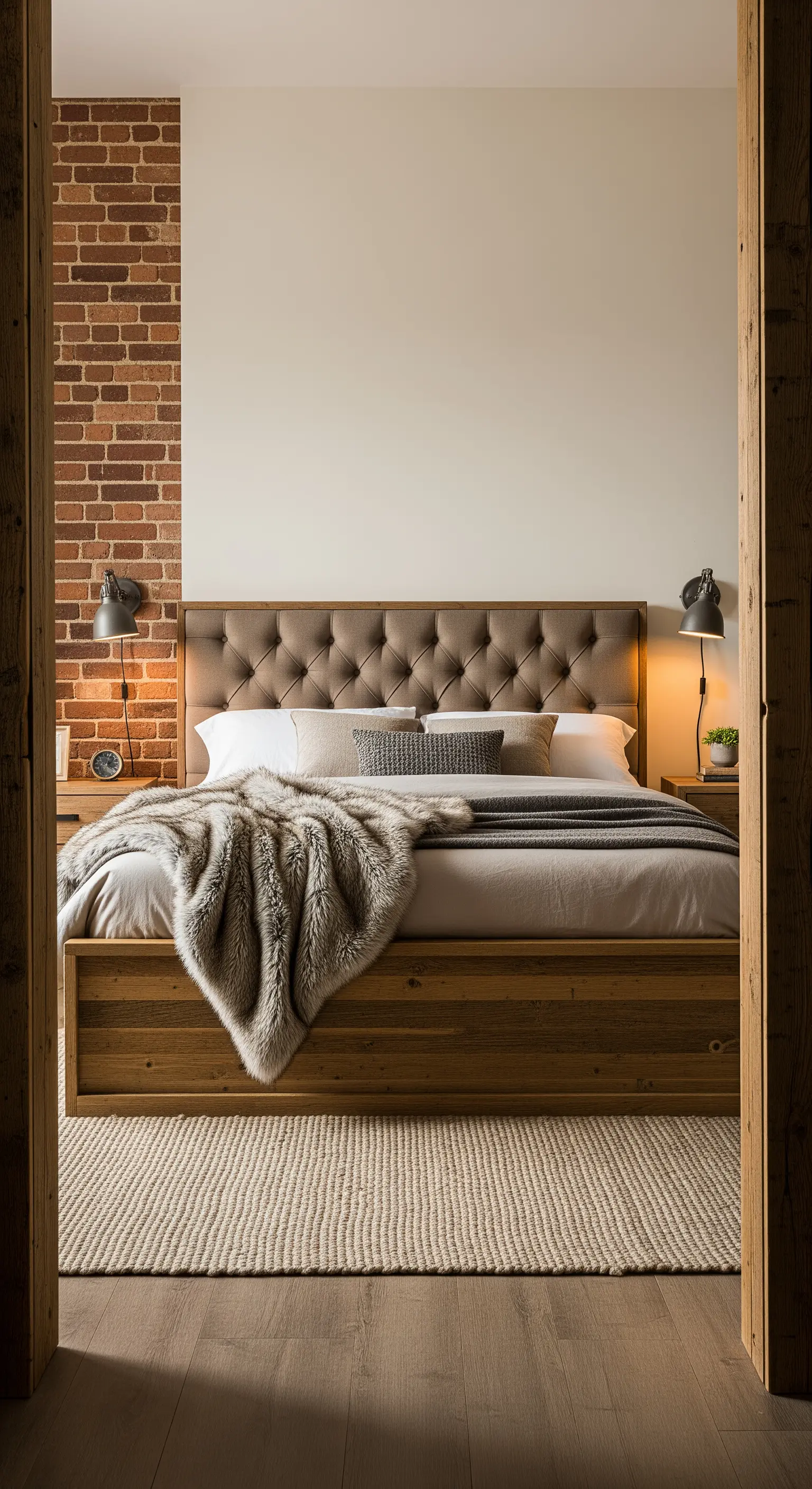 Letto con testiera capitonné beige, parete in mattoni e struttura in legno.