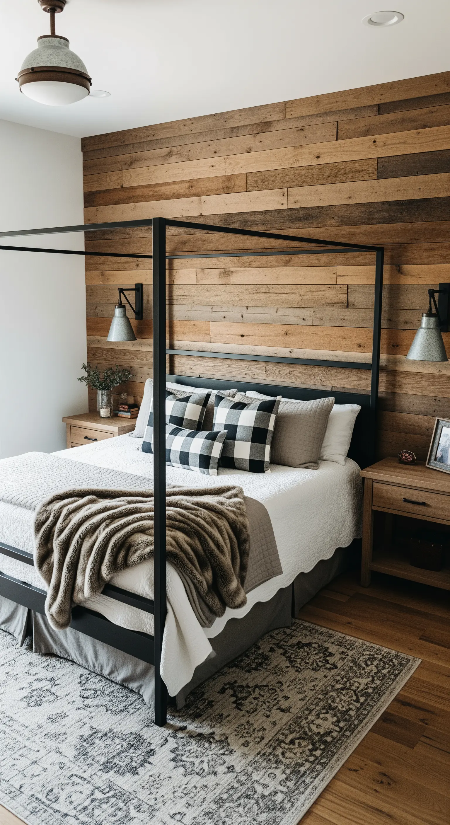 Letto a baldacchino nero contro una parete d'accento in legno di recupero in stile rustico moderno.