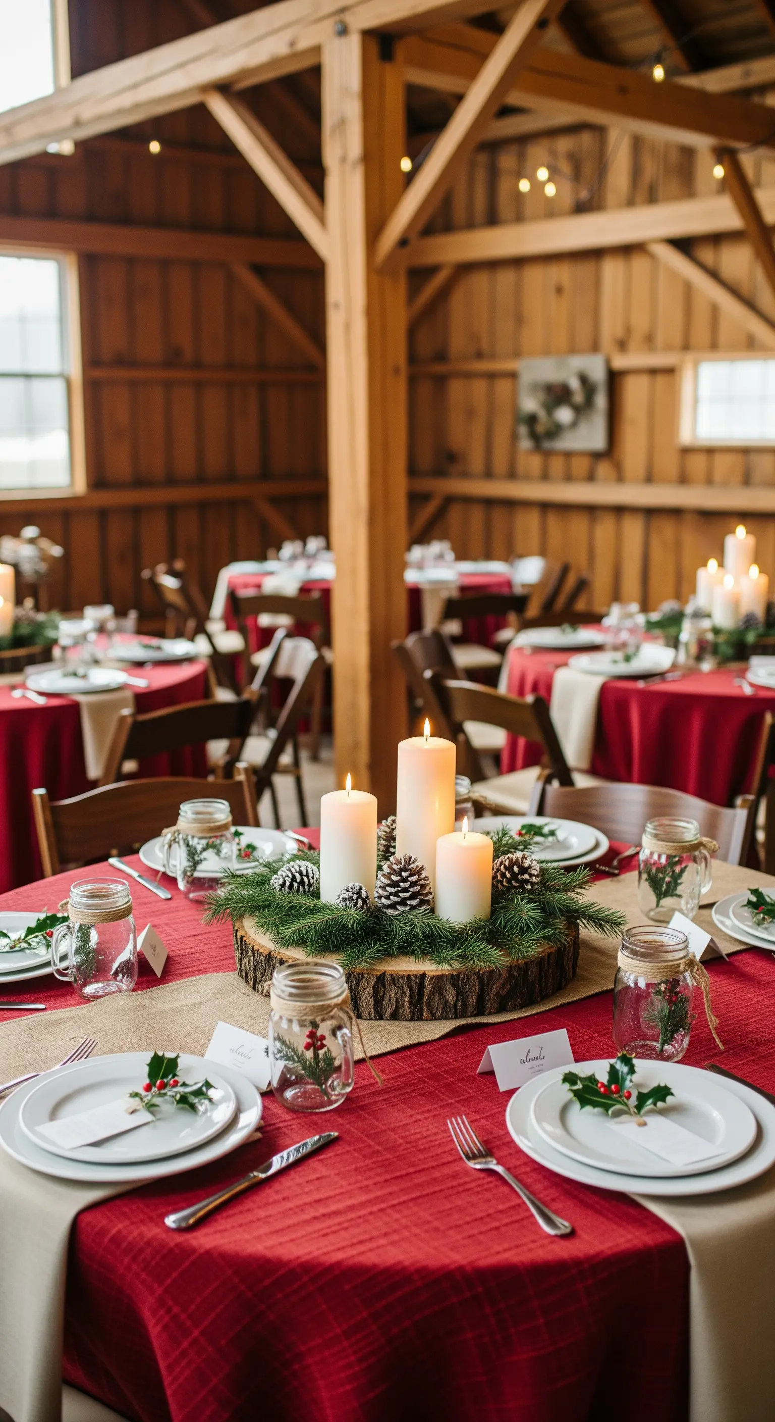 Centrotavola rustico con sezione di tronco, pigne e candele su tovaglia rossa.