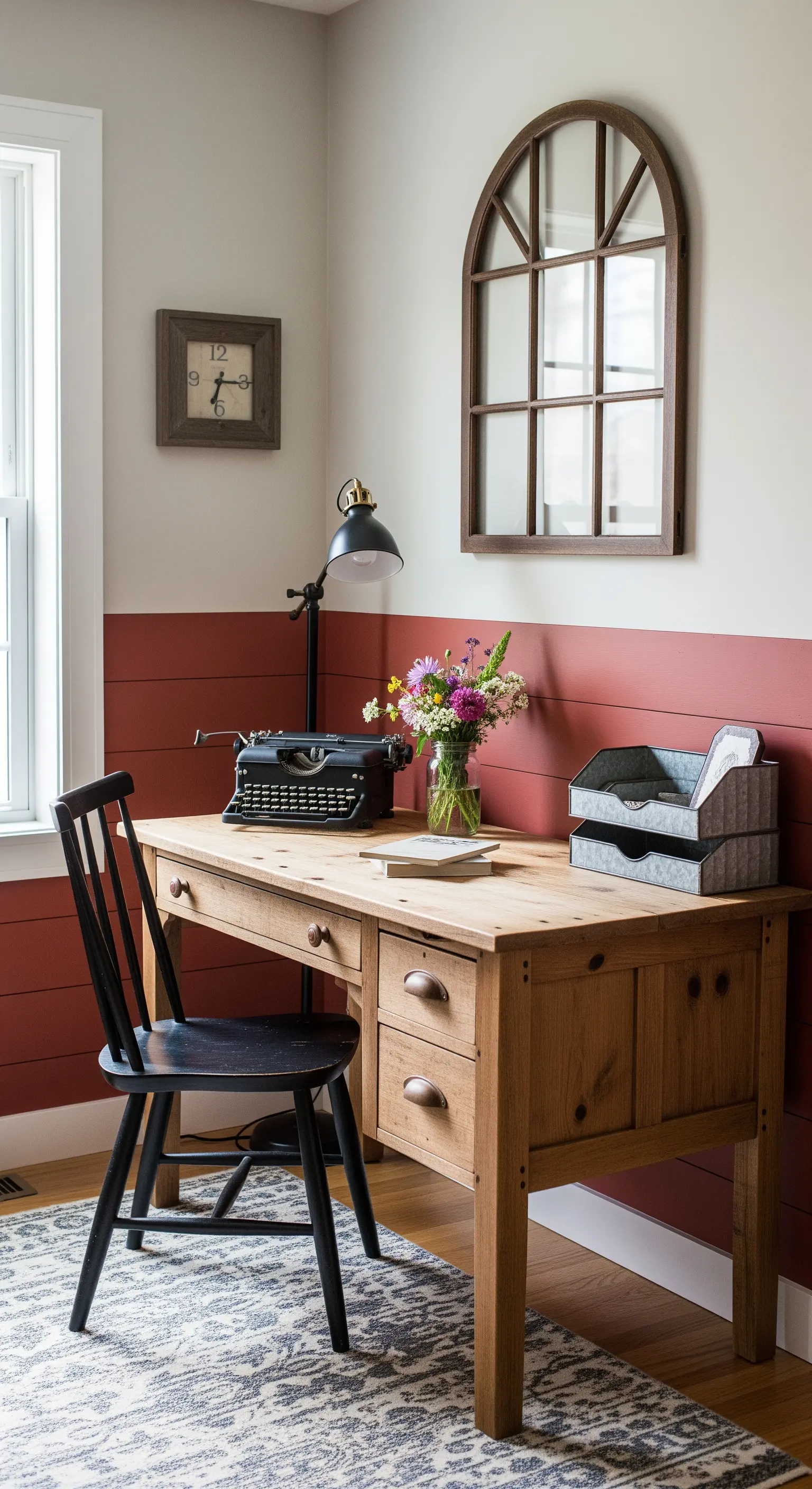 Scrivania in legno rustico contro una parete con rivestimento shiplap rosso e parte superiore bianca.