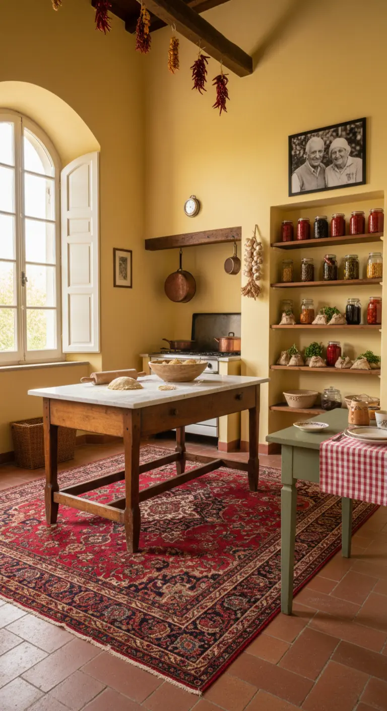 Cucina di campagna italiana con pareti gialle, tavolo da lavoro e tappeto rosso.