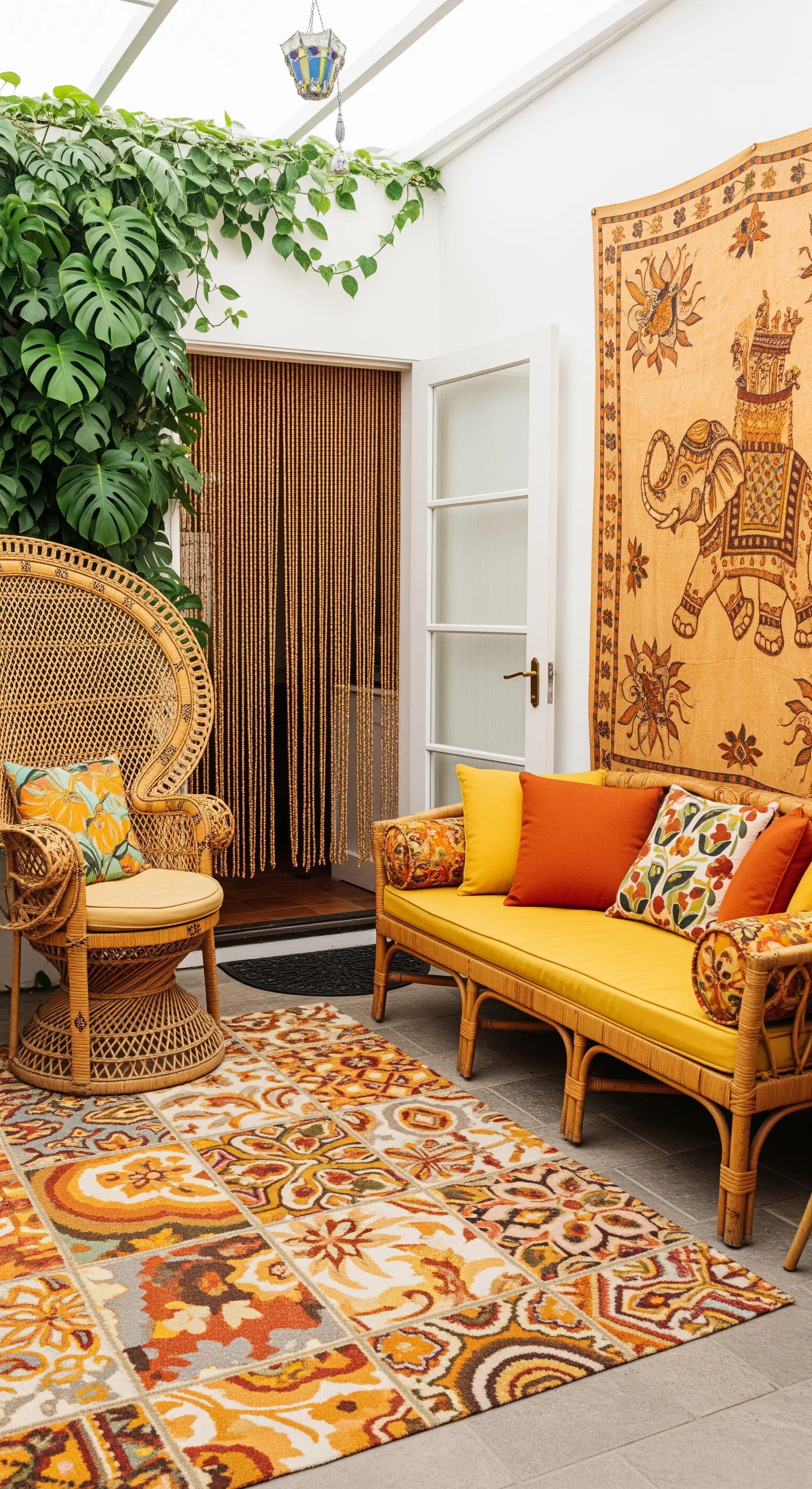 Veranda con divano e poltrona in rattan, cuscini arancioni e un grande arazzo indiano a parete.