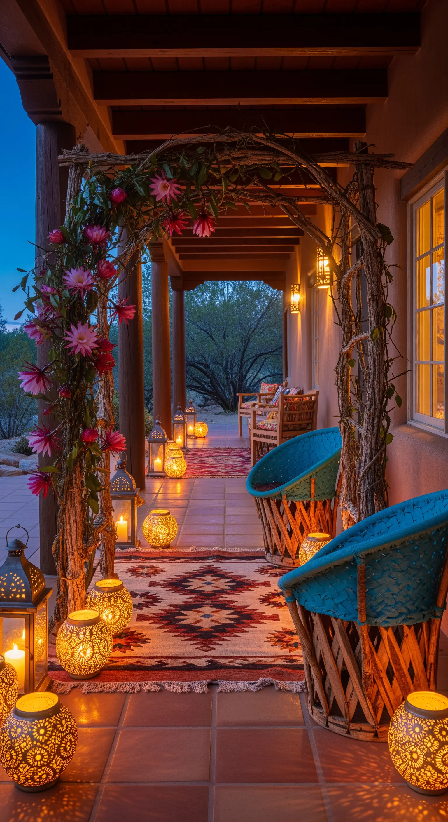Portico in stile Southwestern con arco di rami, tappeto navajo e lanterne traforate.