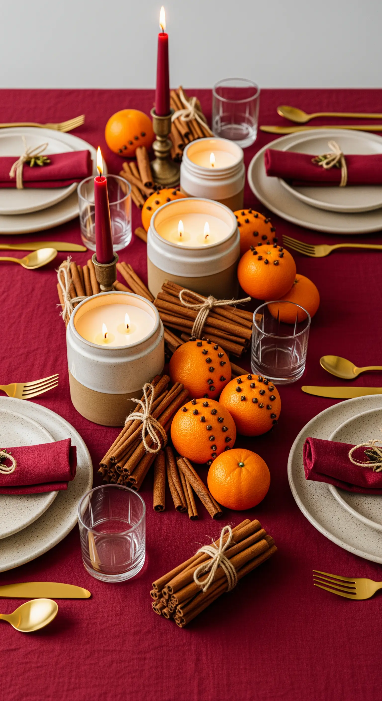 Tavola rossa con arance, cannella e grandi candele profumate come centrotavola.