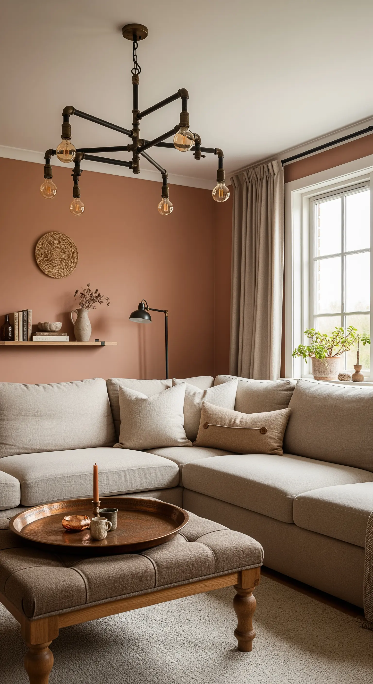 Salotto con parete terracotta, divano beige e lampadario industriale in tubi neri.