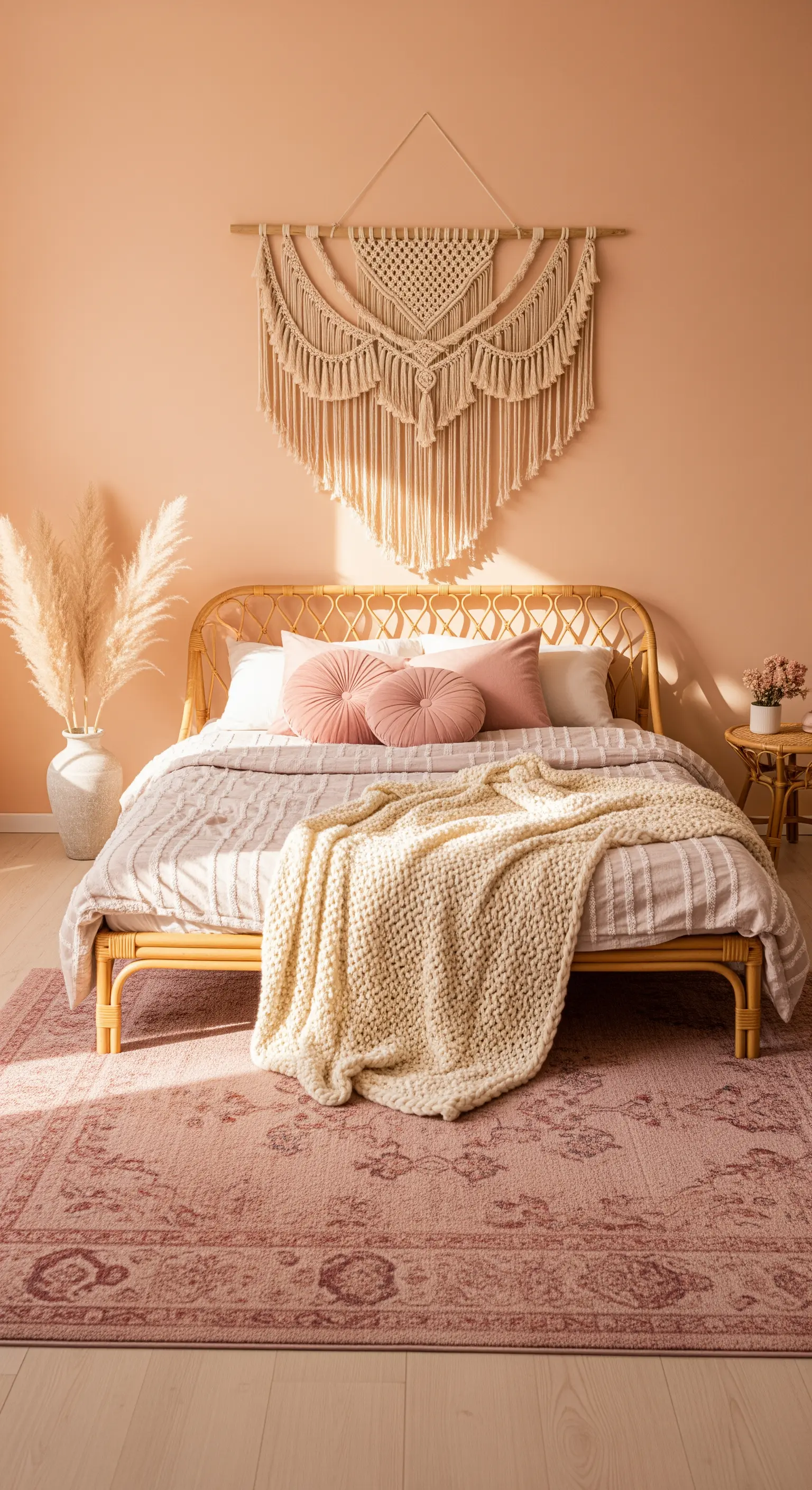Camera da letto boho con parete pesca, letto in rattan e decorazione in macramè.