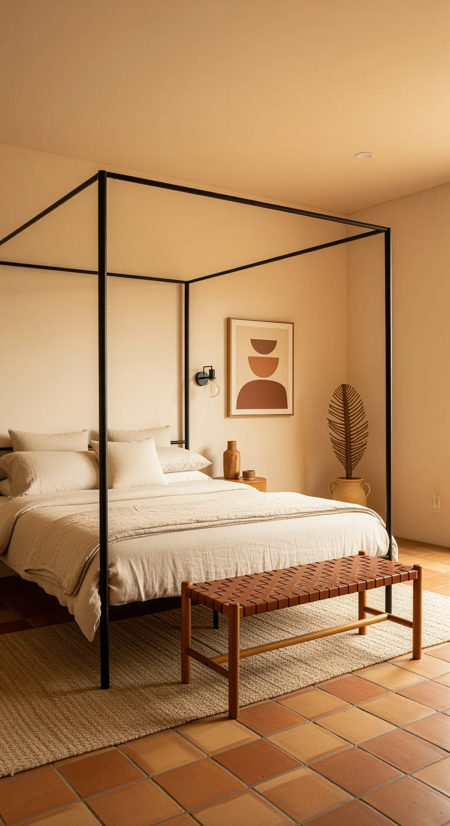 Letto a baldacchino nero in una camera da letto dai toni caldi con pavimento in cotto e panca in pelle.
