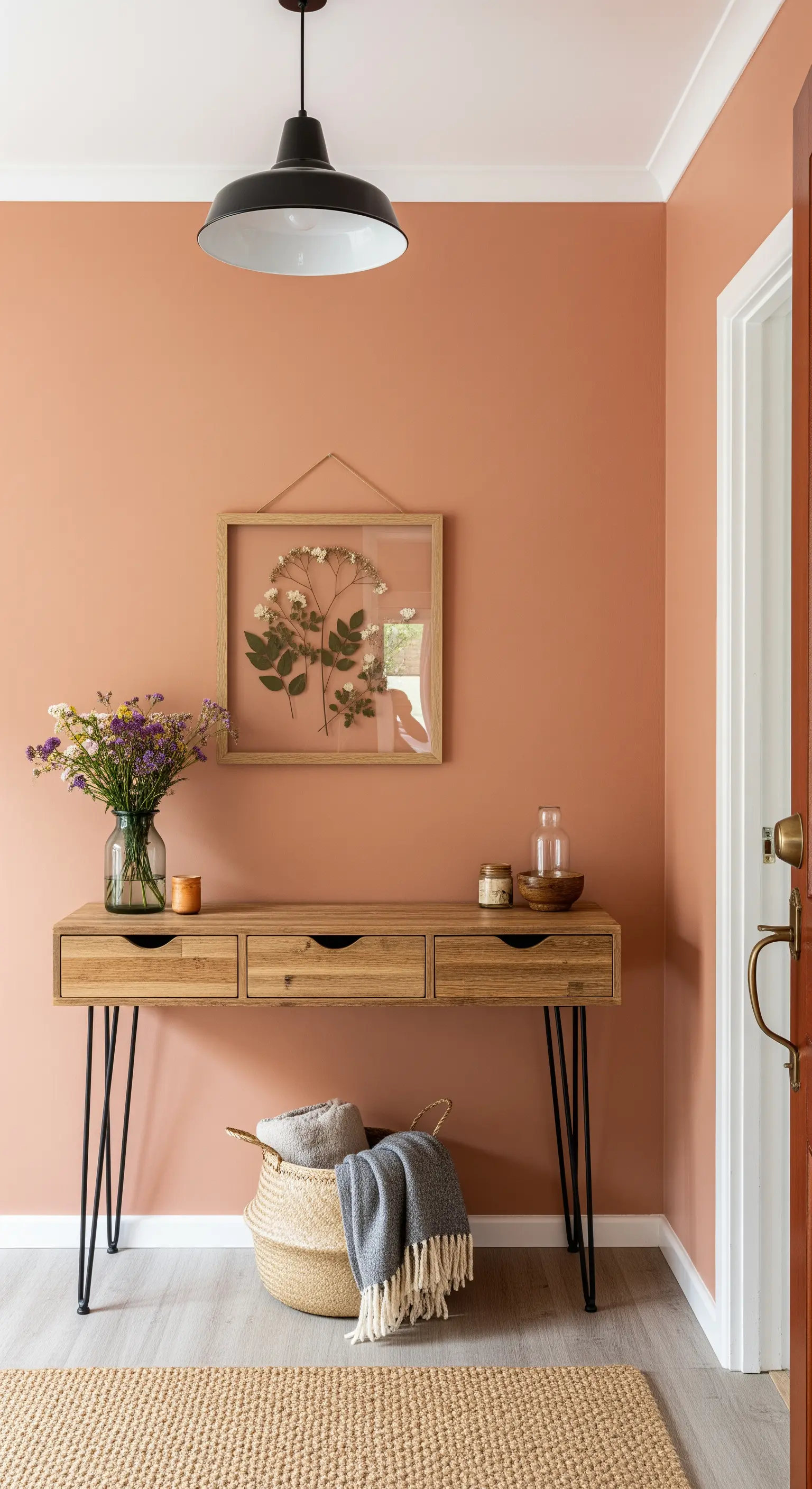 Parete color terracotta con consolle in legno e gambe a forcina in metallo nero.