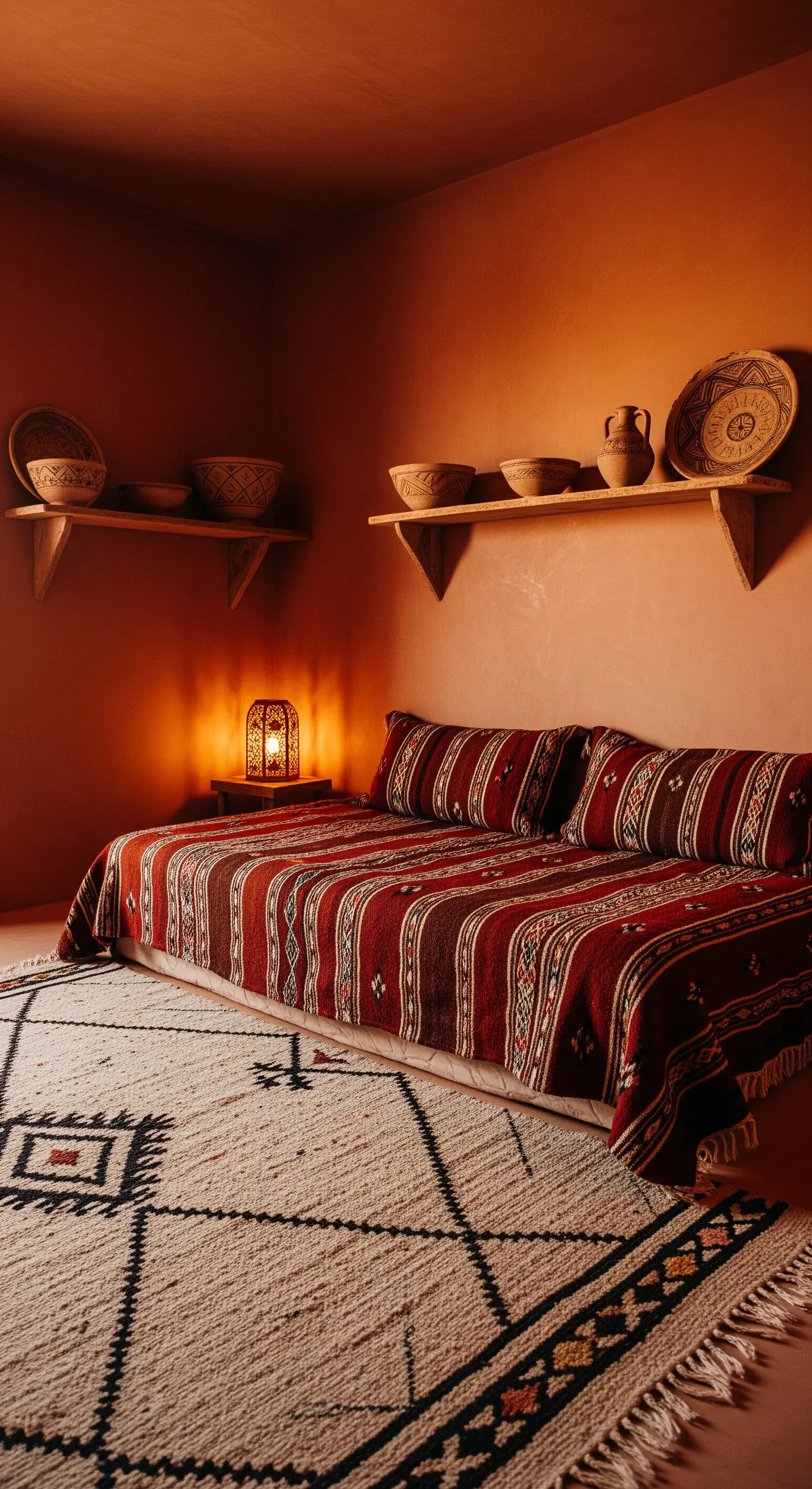 Camera da letto con pareti color terracotta, letto basso con coperta a righe e tappeto berbero.