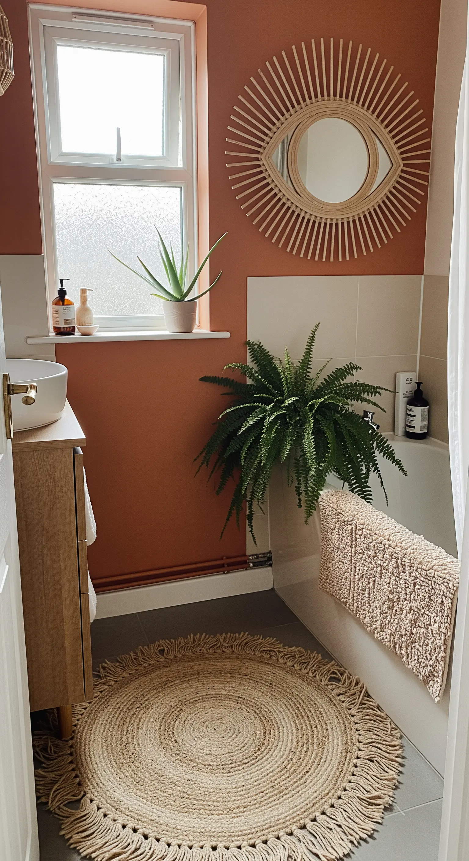 Bagno con parete color terracotta, specchio a forma di occhio e tappeto rotondo in juta.