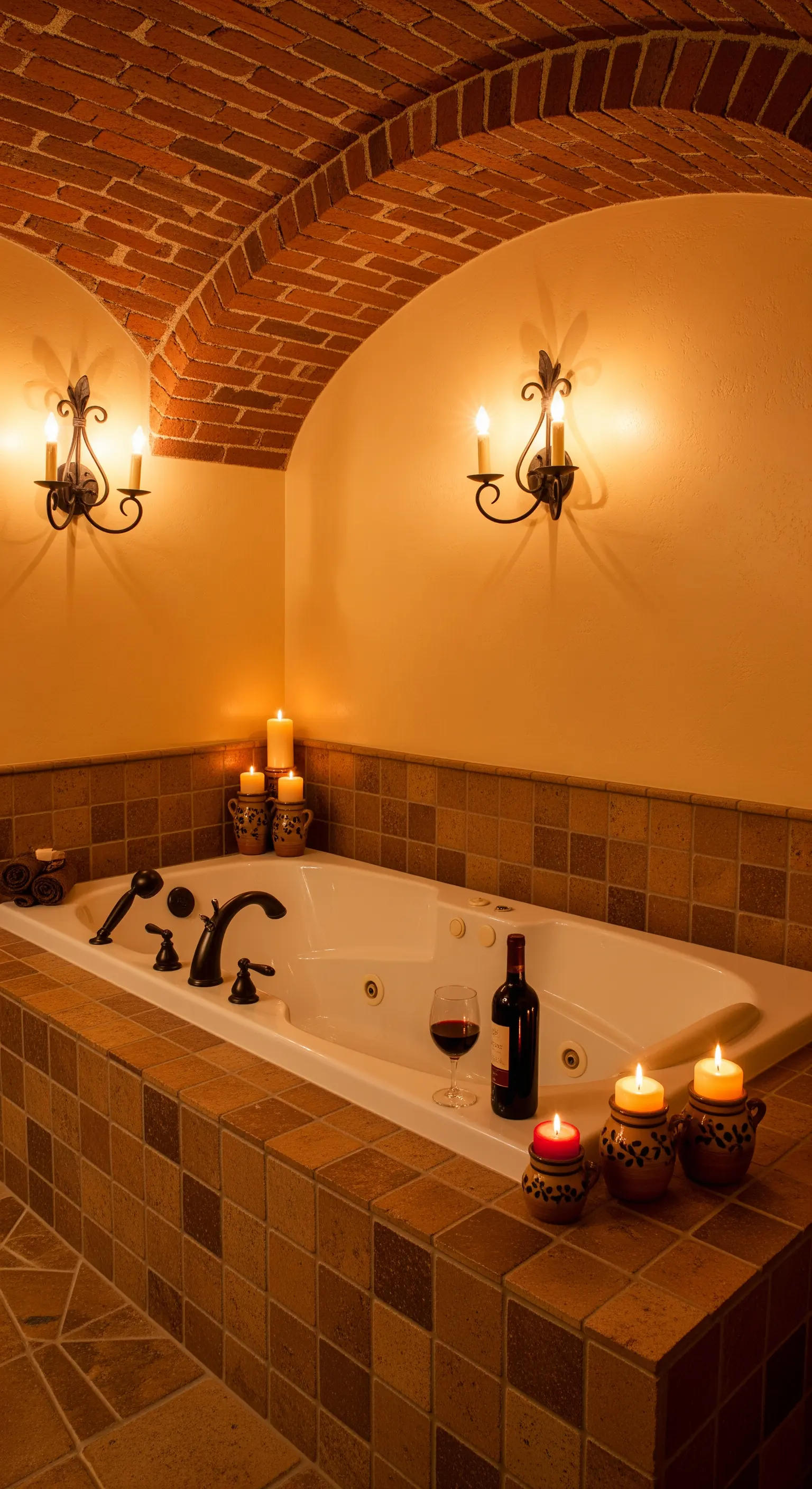 Vasca idromassaggio in un bagno con soffitto a volta in mattoni e piastrelle in cotto.